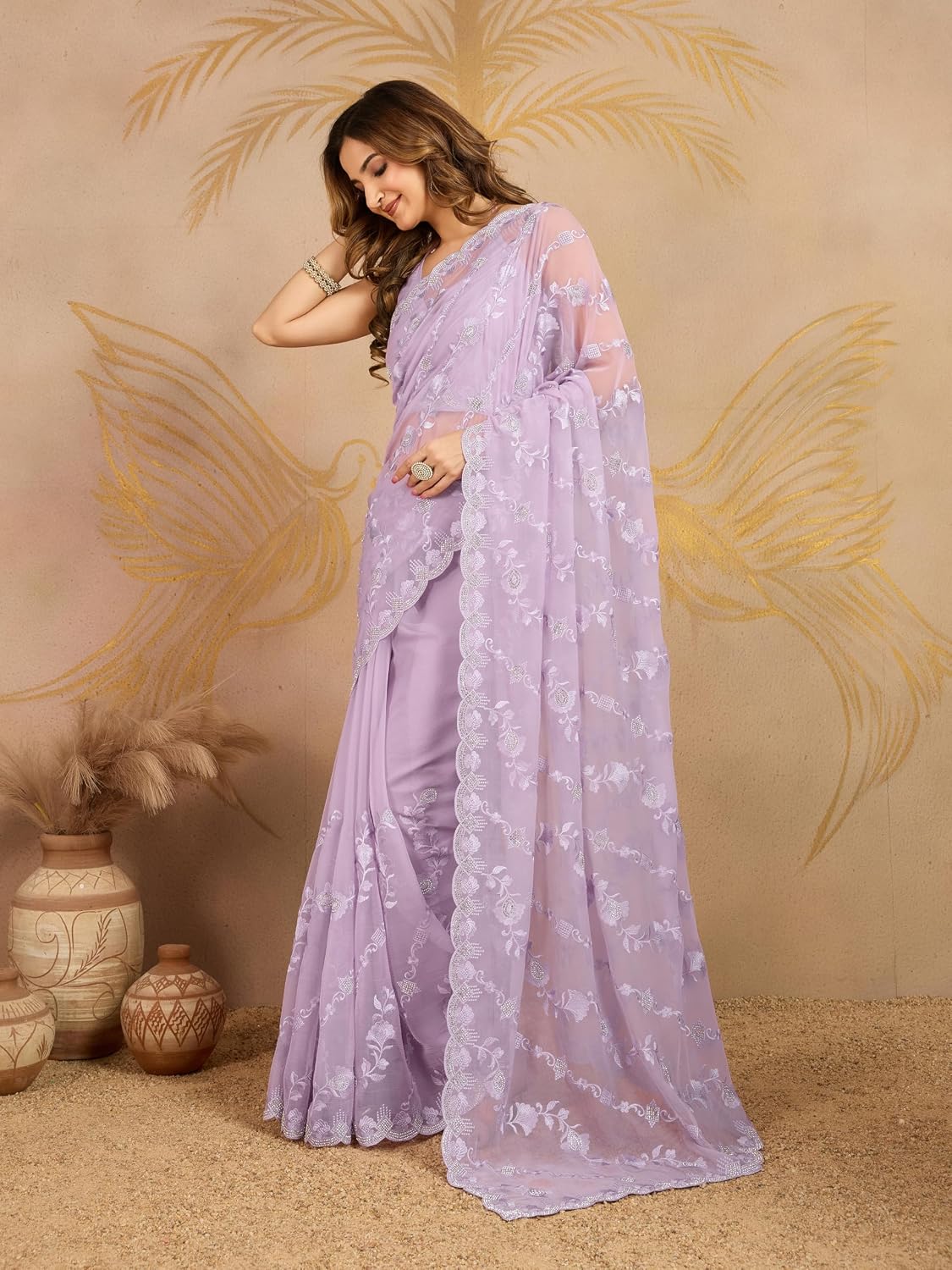 TRENDMALLS Women's Chiffon Embroidery Zarkan Work Saree with Unstitched Blouse Piece (K1240-LightPurple)