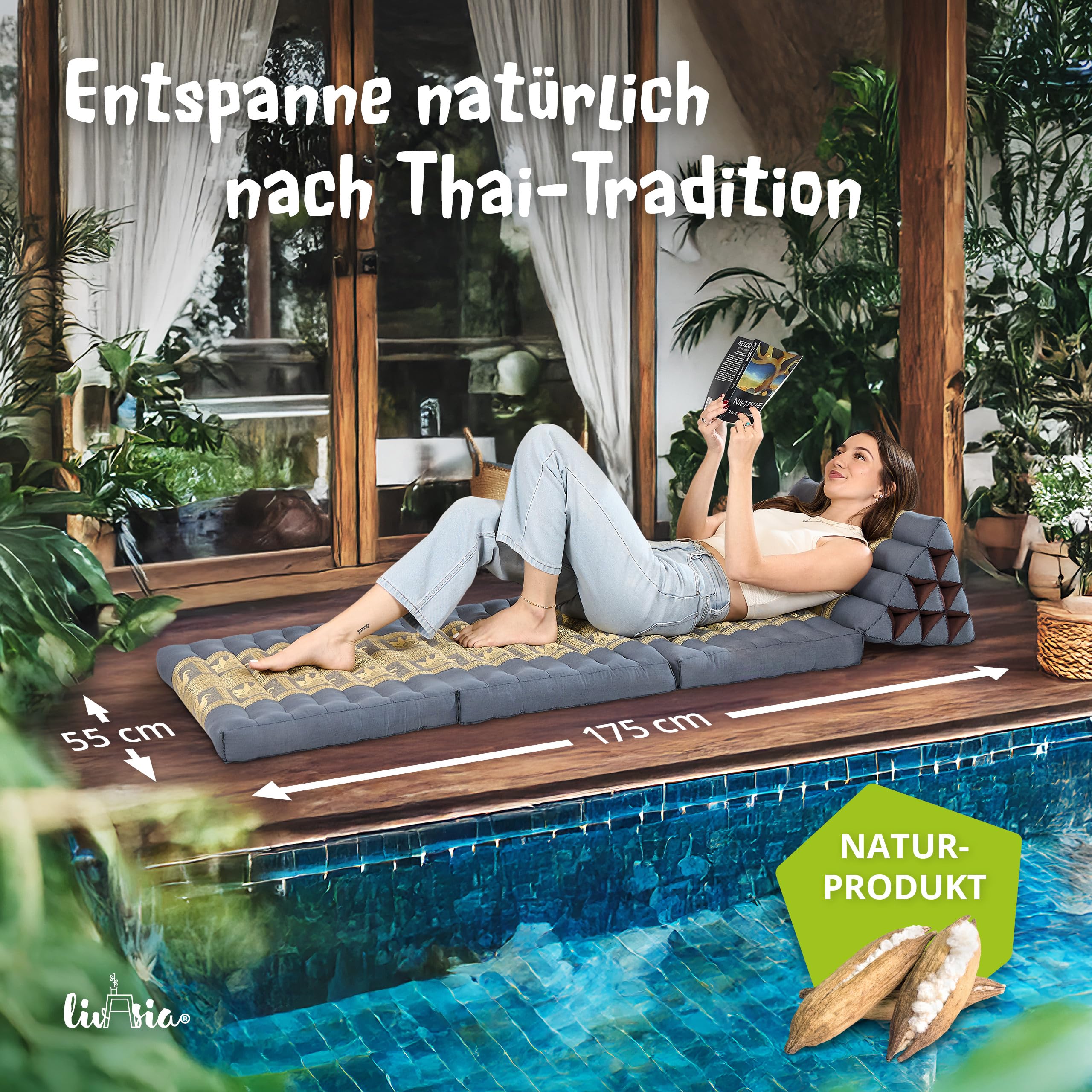 livasia Thaikissen 3 Auflagen Thaiseide - 175x55x8cm - Dreieckskissen mit Klappmatratze, Rückenkissen faltbar, Thaimatte zum Klappen, Kapok handgefertigt, Meditationskissen (Grau/Elefanten Seide)