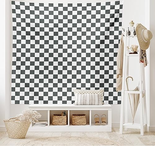 Vista 2 de Ambesonne Tapiz a cuadros, composición monocromática clásica inspirada en tablero de ajedrez abstracto, impresión de azulejos abstractos para colgar