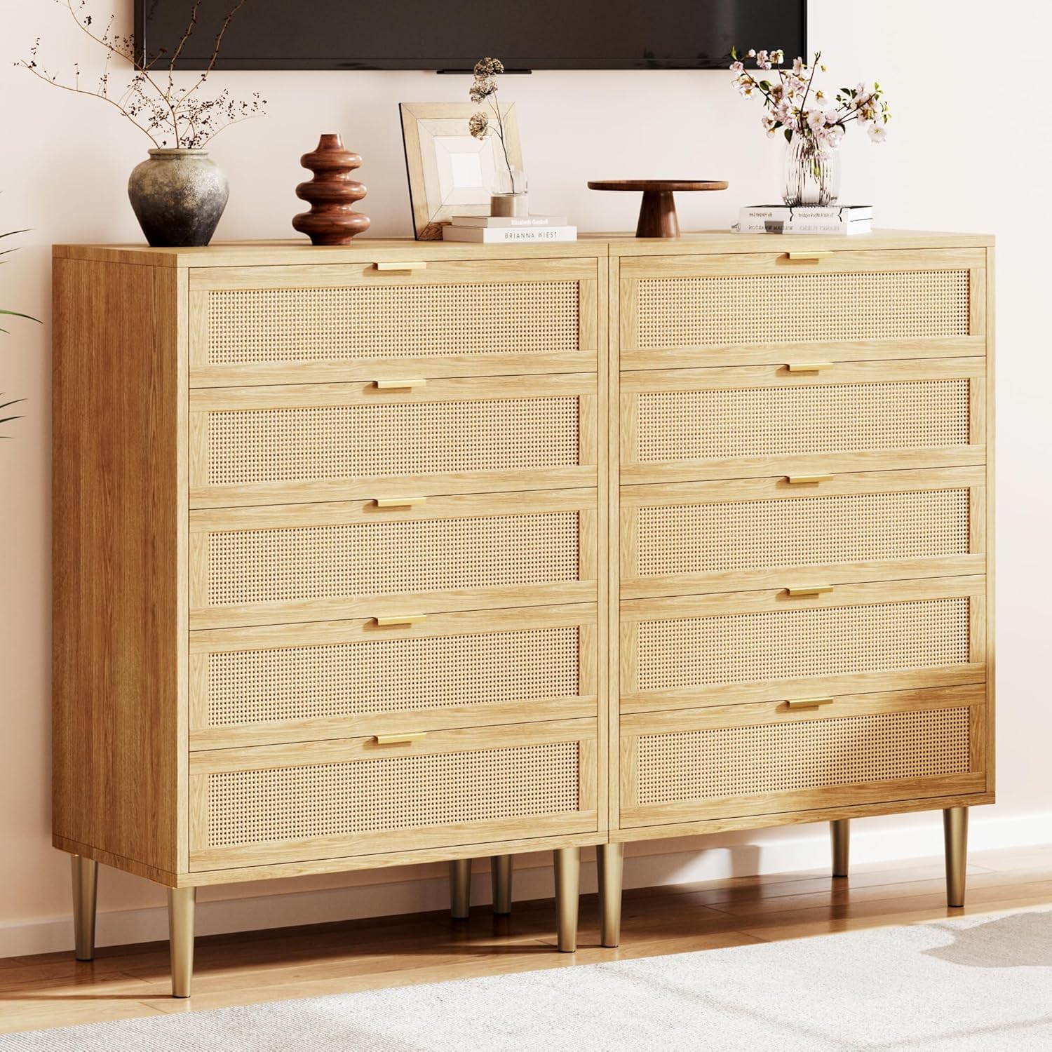 GarveeHome Rattan 5 Drawer Dresser, Modern Chest of Drawers with Gold Legs and Gold Handles, Tall Dresser with Large Tabletop and Anti-Tipping Design for Bedroom Living Room, Natural