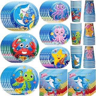 120 Pcs Ocean Under the Sea Party Plates Napkins Paper Cups Supplies Disposable Paper Tableware Set Underwater Creatures Theme Decoration for Boy and Girl Beach Birthday Party , Serves 30