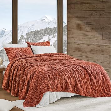 Wonderful Velvet Quilt King Size Set, Luxurious Fluffy Faux Fur Comforter Lightweight, Fuzzy Bedding Cloudy Touch Soft Coverlet, Back Embroidery, Machine Washable Burnt Orange, King