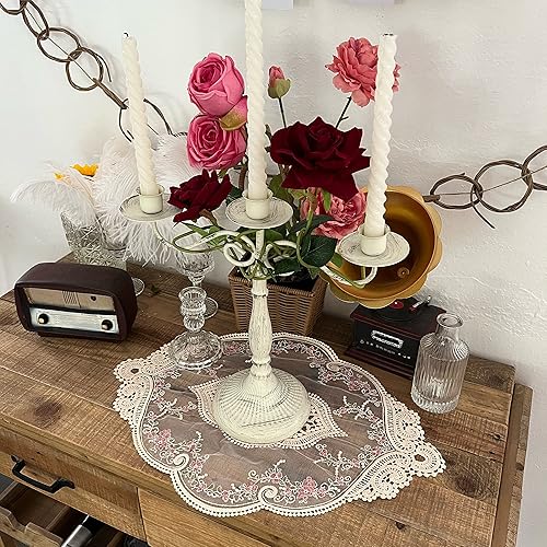 Miniatura 5 de Paquete de 2 manteles individuales ovalados vintage de encaje, exquisitos manteles individuales bordados de flores, 12 x 18 pulgadas (beige)