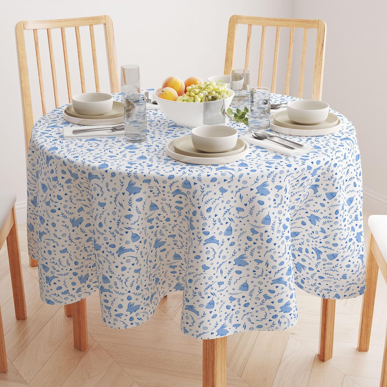 Fabric Textile Products Round Tablecloth, 100% Milliken Polyester, Machine Washable, 70" Round, Blue Bunnies