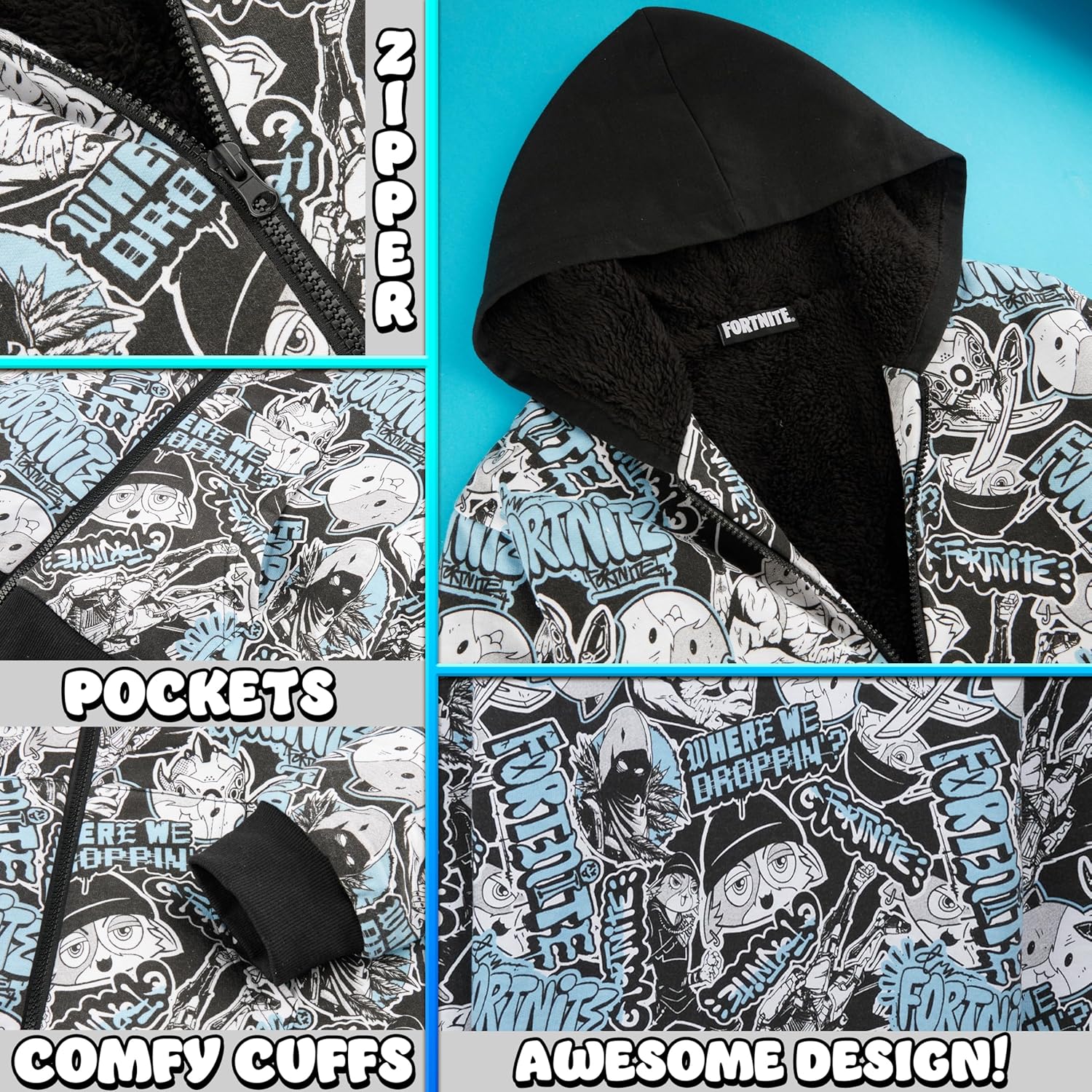 Fortnite Hoodie for Boys, Teens, 7-16 Yrs, Zip-Up Sweatshirt, Sherpa Hoodies with Kangaroo Pockets, Gamer Gifts for Boys - Image 2
