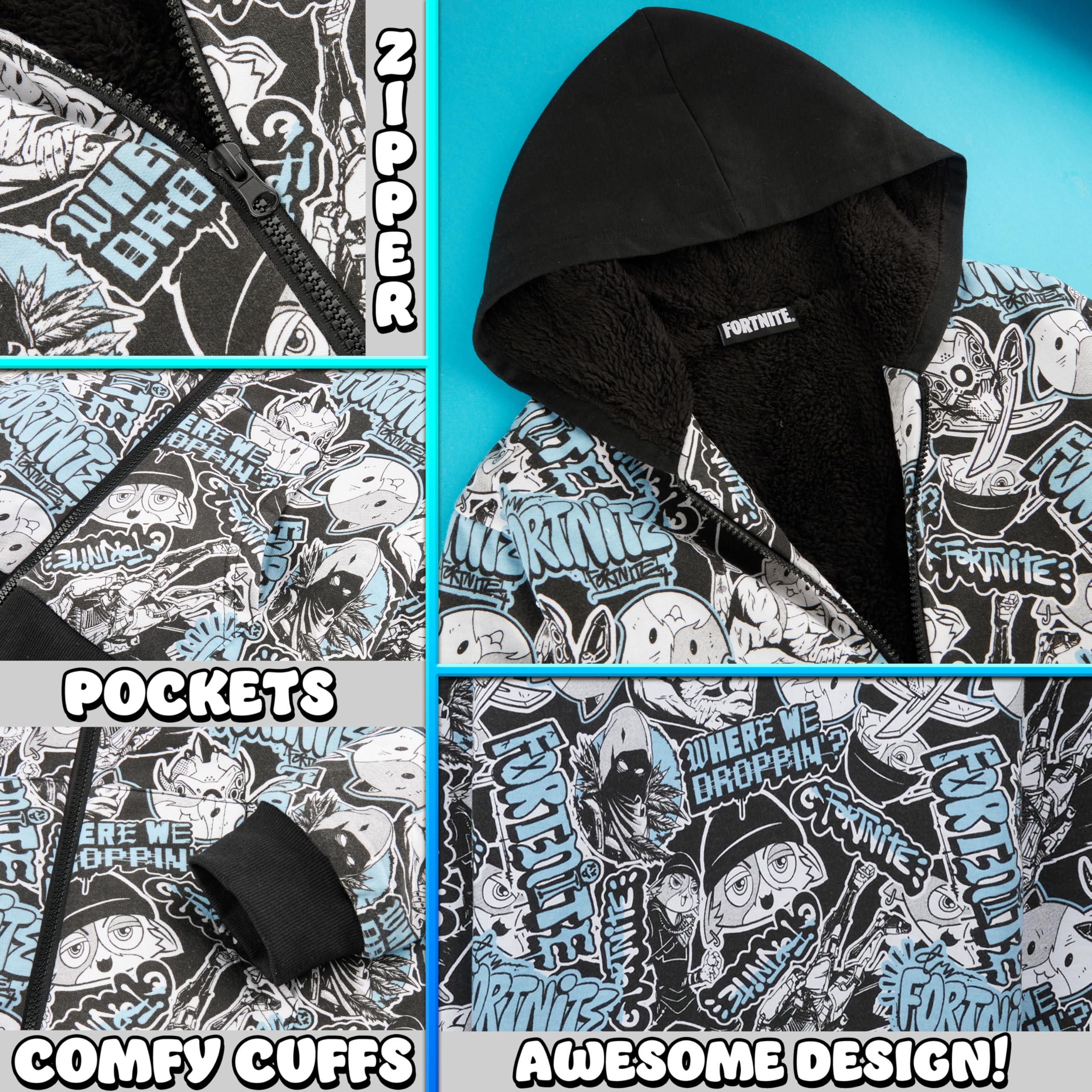 Fortnite Sweat a Capuche Garçon et Ado 7-16 Ans, Sweat Zippé Polaire, Chaud Sweatshirt, Hoodie Gaming Cosy, Idée Cadeau Gamer