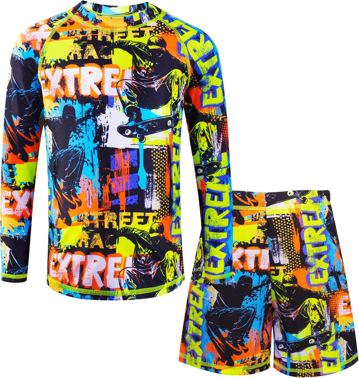 Boys 2 Piece Swimsuit 7-12Y Long Sleeve Rash Guard UPF 50+ Quick Dry Board Shorts