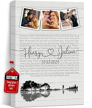 VICILO Custom Song Lyrics Three Photos Canvas Wall Art Name and Date - Wood Grain Background Motivational Print Wedding Songs First Dance Picture Guitar Lover Engagement Valentines Gifts For Him/Her Wedding Anniversary, Home Framed Poster