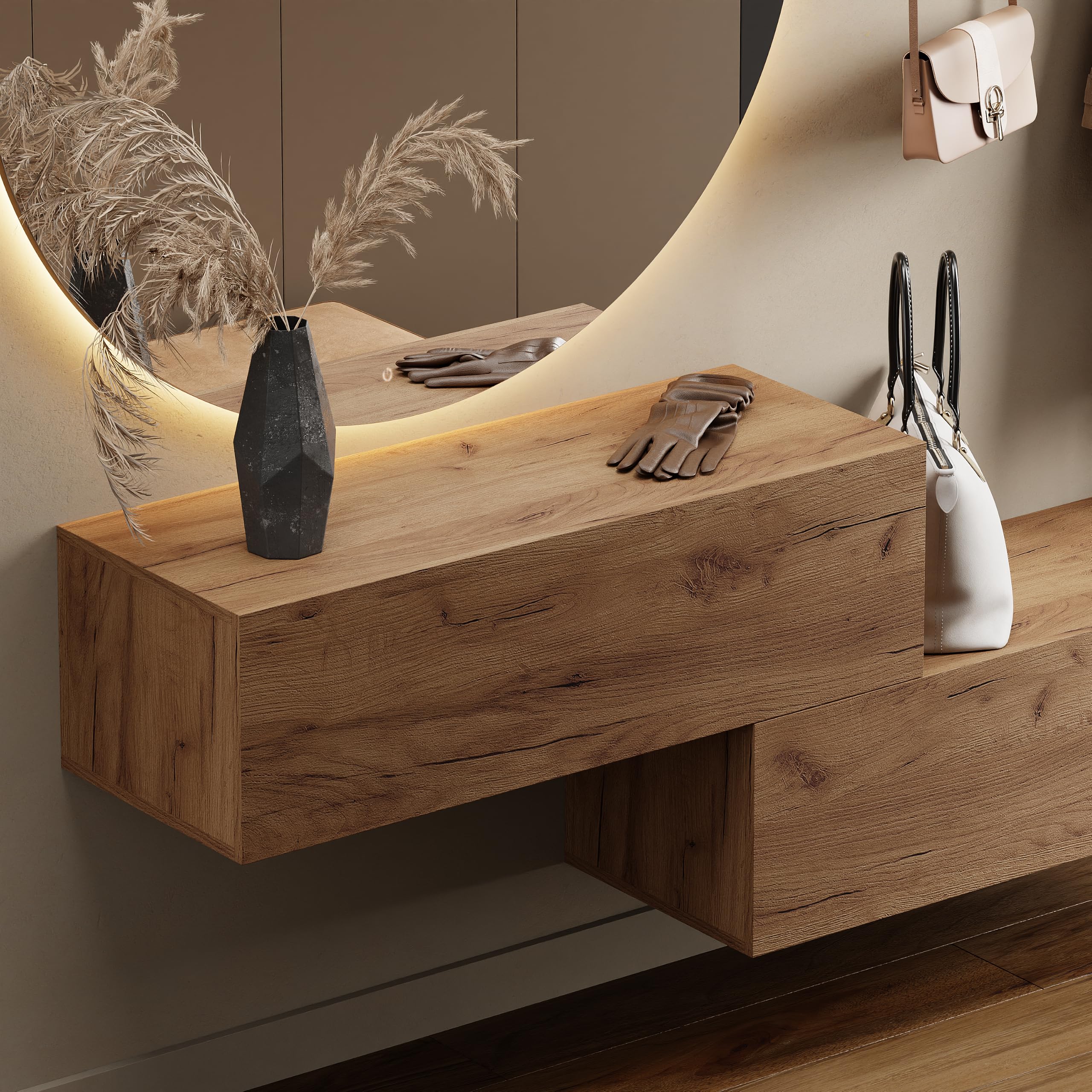 Planetmöbel Meuble d’Entrée avec Armoire Murale 2X 100 cm, Chêne doré, Vestiaire Compact avec Rangement à Abattant, Suspendue ou à Poser, 37,8 x 100 x 32,5 cm
