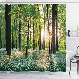 Ambesonne Forest Shower Curtain, Sunny Forest with Wild Garlic Enchanting Wildflowers Blossoms Landscape Scenery, Cloth Fabric Bathroom Decor Set with Hooks, 69