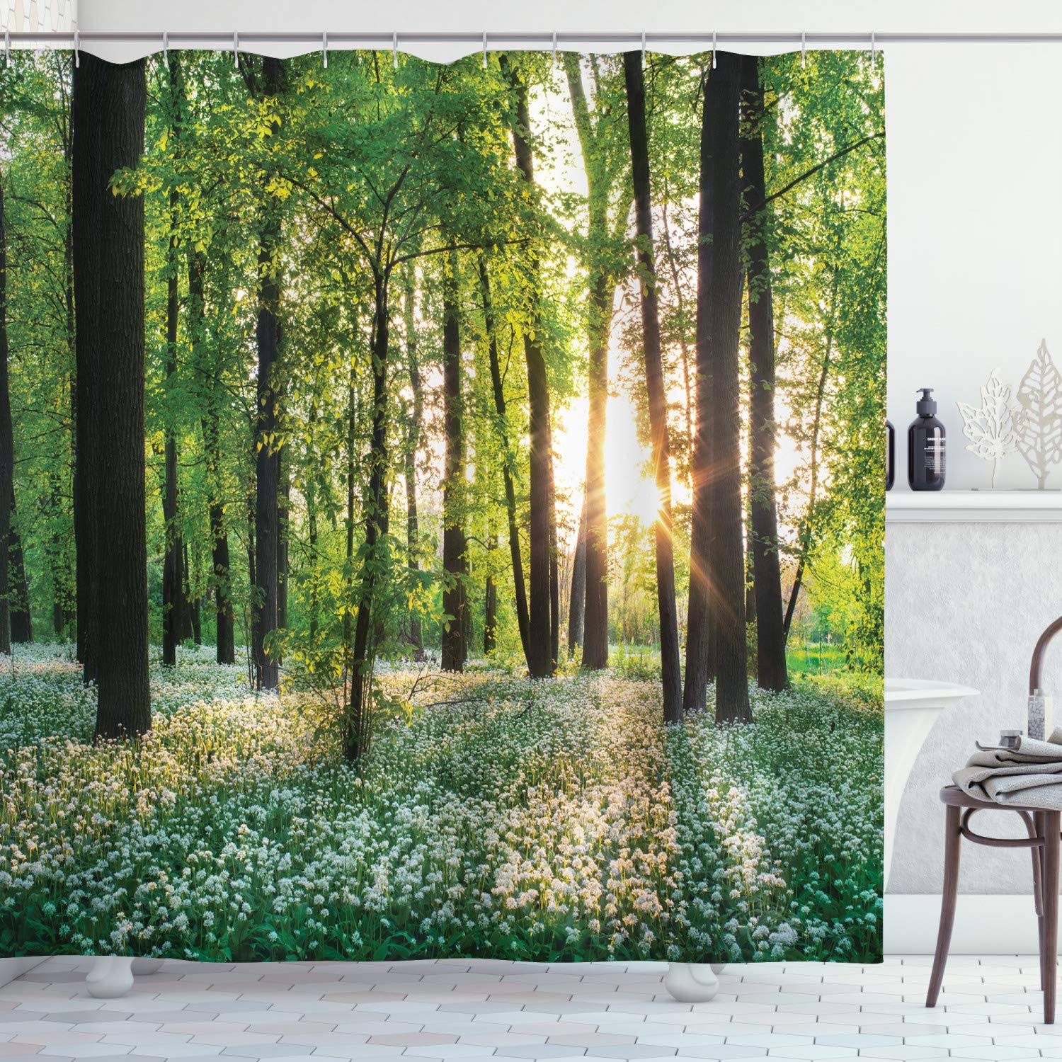 (180cm W By 180cm L, Multi 5) - Ambesonne Farm House Decor Collection, Sunny Forest with Wild Garlic Enchanting Wildflowers Blossoms Landscape Scene, Polyester Fabric Bathroom Shower Curtain Set wi...