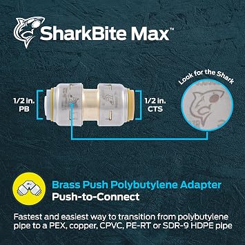 SharkBite Max 1/2 بوصة اقتران البولي بوتيلين الانتقالي ، دفع لربط السباكة النحاسية ، الأنابيب PEX ، النحاس ، CPVC ، PE-RT ، HDPE ، UR4008A