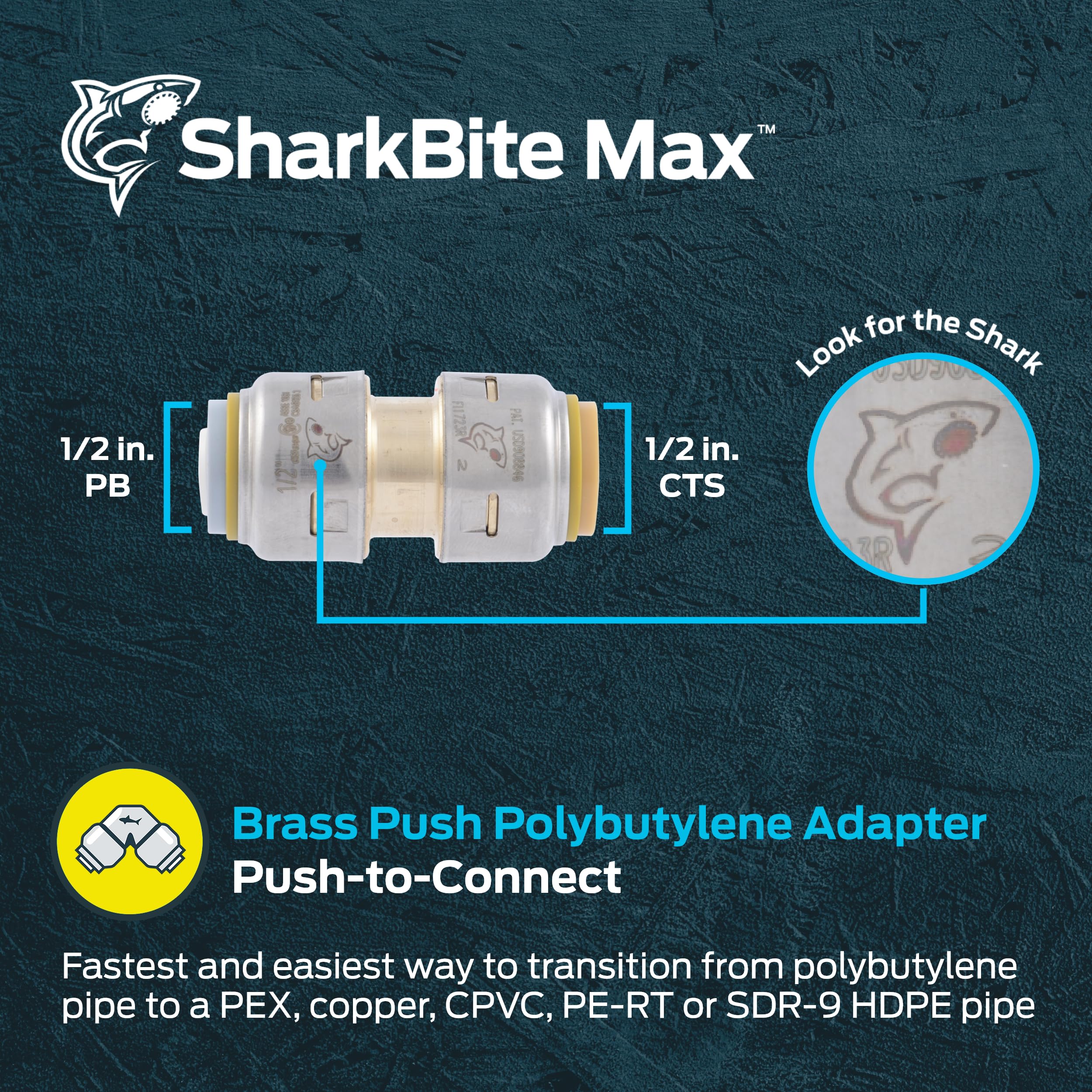 SharkBite Max 1/2 Inch Polybutylene Transition Coupling, Push to Connect Brass Plumbing Fitting, PEX Pipe, Copper, CPVC - Image 2