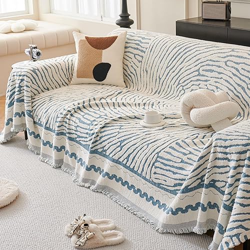 Miniatura 2 de ROOMLIFE Funda de sofá gruesa a rayas con borlas, funda de sofá de felpilla azul para sofá seccional, fundas de sofá suaves para sofá biplaza en