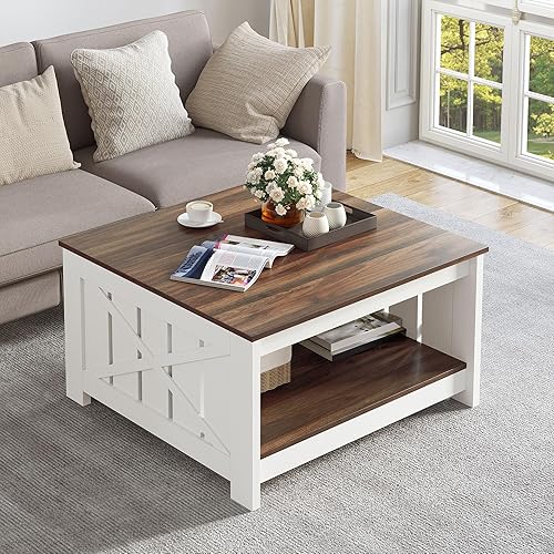 Mesa de centro de granja con almacenamiento, mesa de cóctel de madera rústica, mesas de centro cuadradas para sala de estar, sala de reuniones con