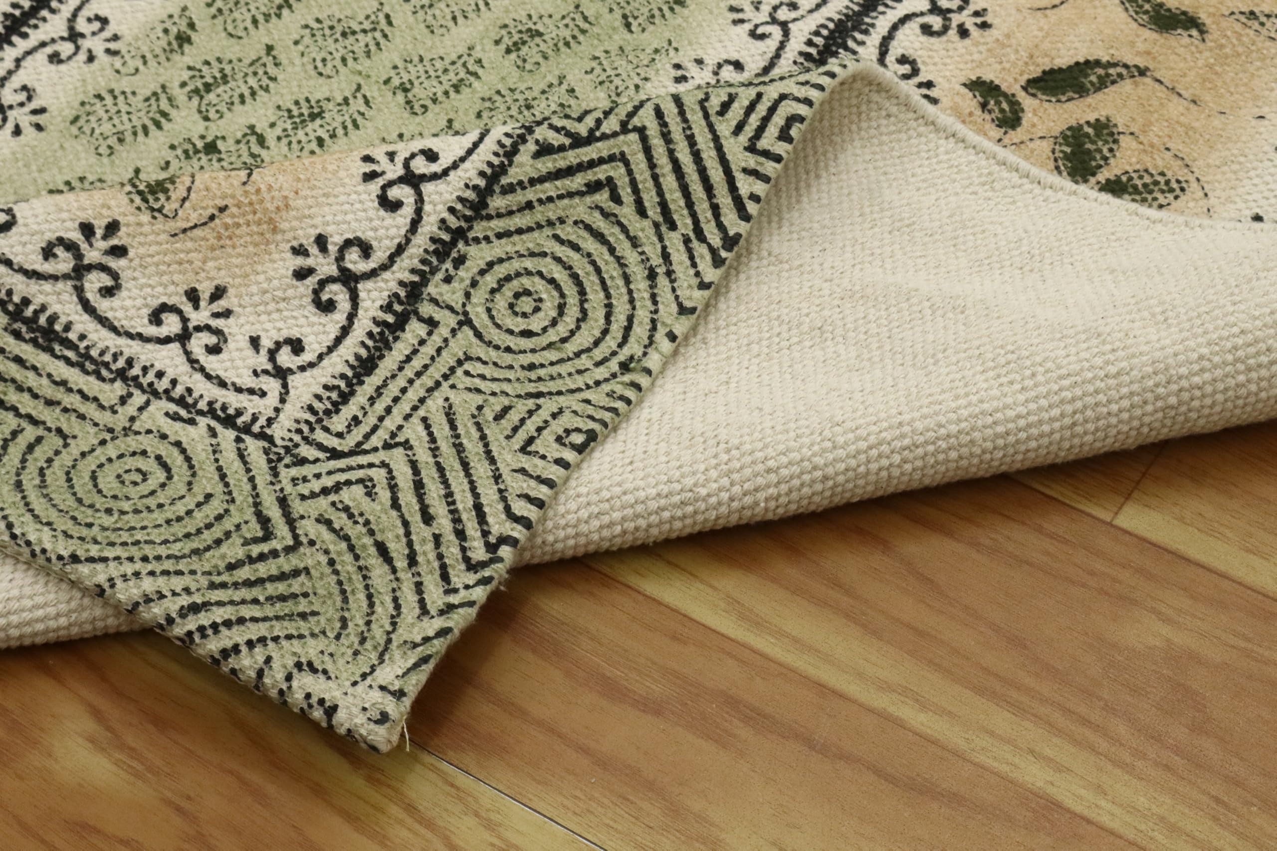 Handblock gedruckt Baumwollläufer 2,6 x 10 Kelim-Läufer Stein waschbar Teppich dick 0,5 cm Handfläche waschen grün und beige flach gewebte Matte Innen Outdoor-Teppiche für Flur, Treppe, Flur