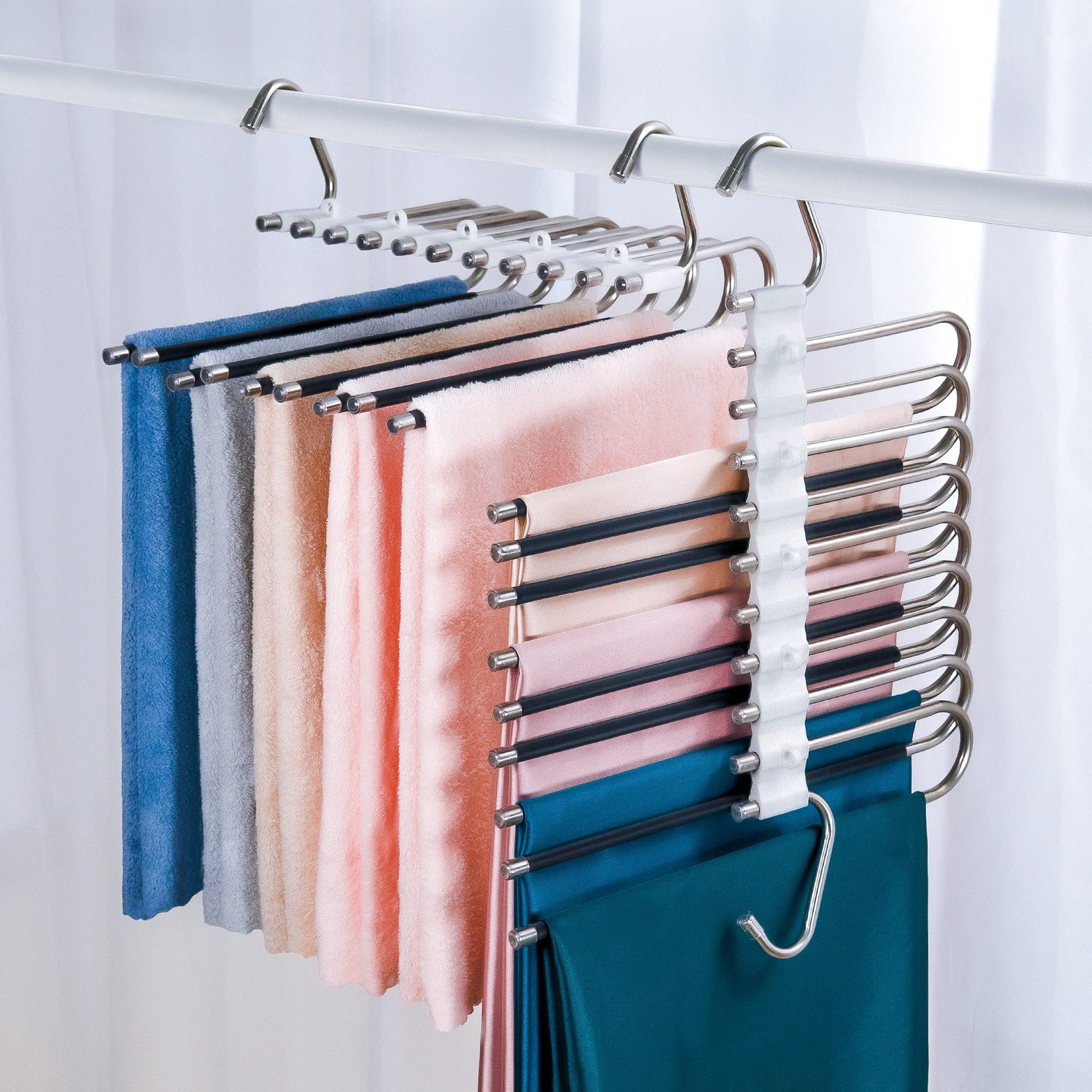 bemece 9-Tier Trouser Hangers Space Saving, non slip 4 Pack multifunctional pants organizer hanger for jeans scarf tie towel storage