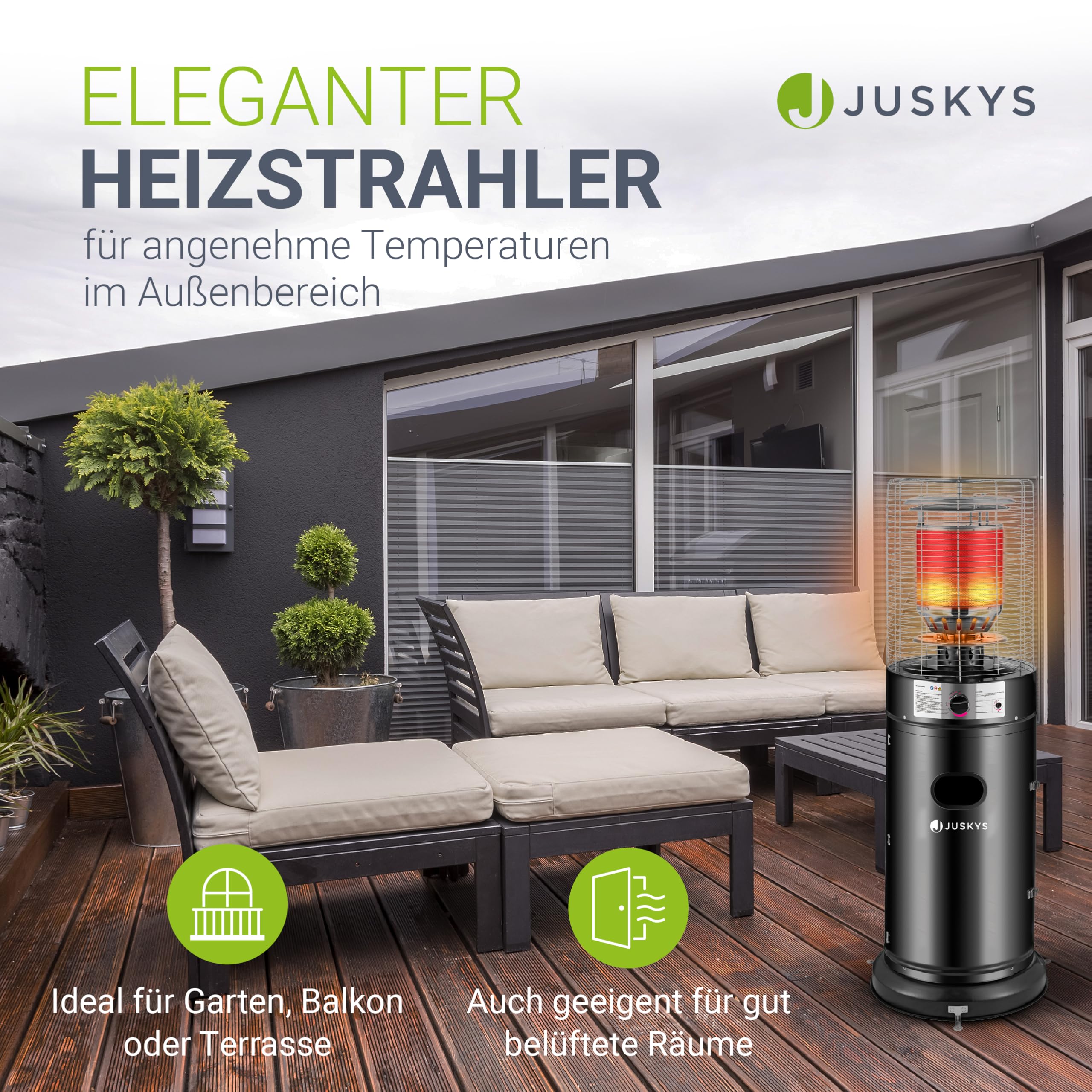 Juskys® Outdoor Heizstrahler Cuna mit 11 kW Gas-Brenner - Heizpilz Terrassenheizer mit Gas für Terrasse Balkon und Garten - für 5 und 11 kg Gasflaschen