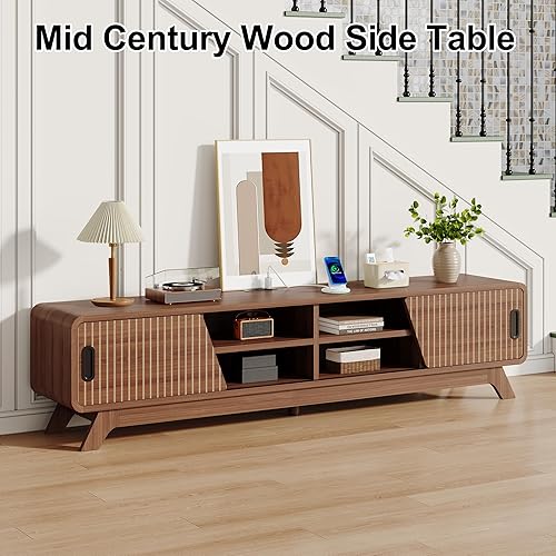 Miniatura 9 de 70" TV Stand for up to 80 inch TVs with Power Outlet, Mid Century Modern Entertainment Center with Storage Cabinets & Adjustable Shelves, Long TV