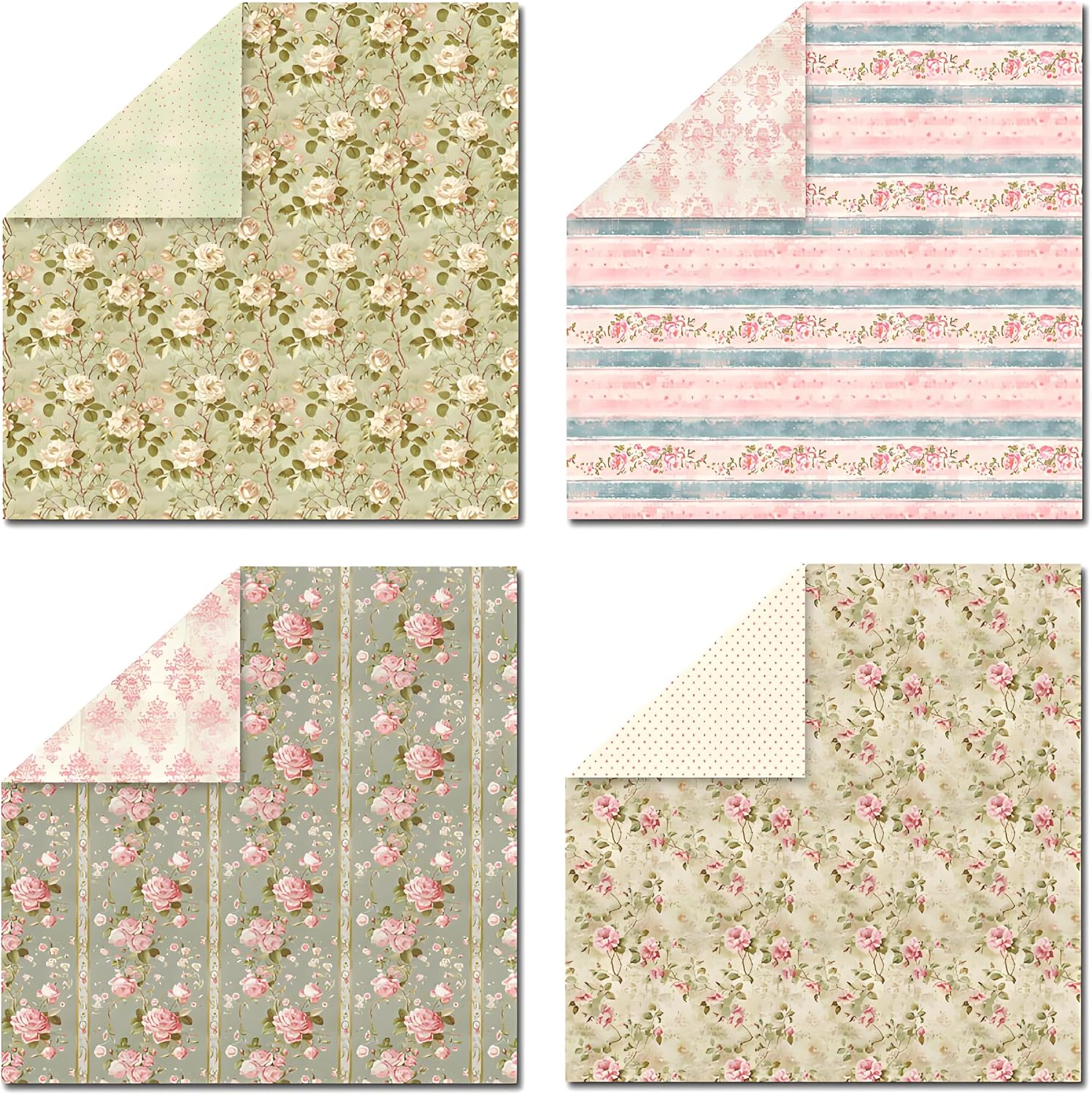 VIVIQUEN Spring Floral 12x12 Inch Scrapbook Paper – 24 Double-Sided Vintage Pink Botanical Designs, Acid-Free 160g Cardstock for DIY Crafts, Card Making, Photo Albums, Gift Wrapping, Junk Journals
