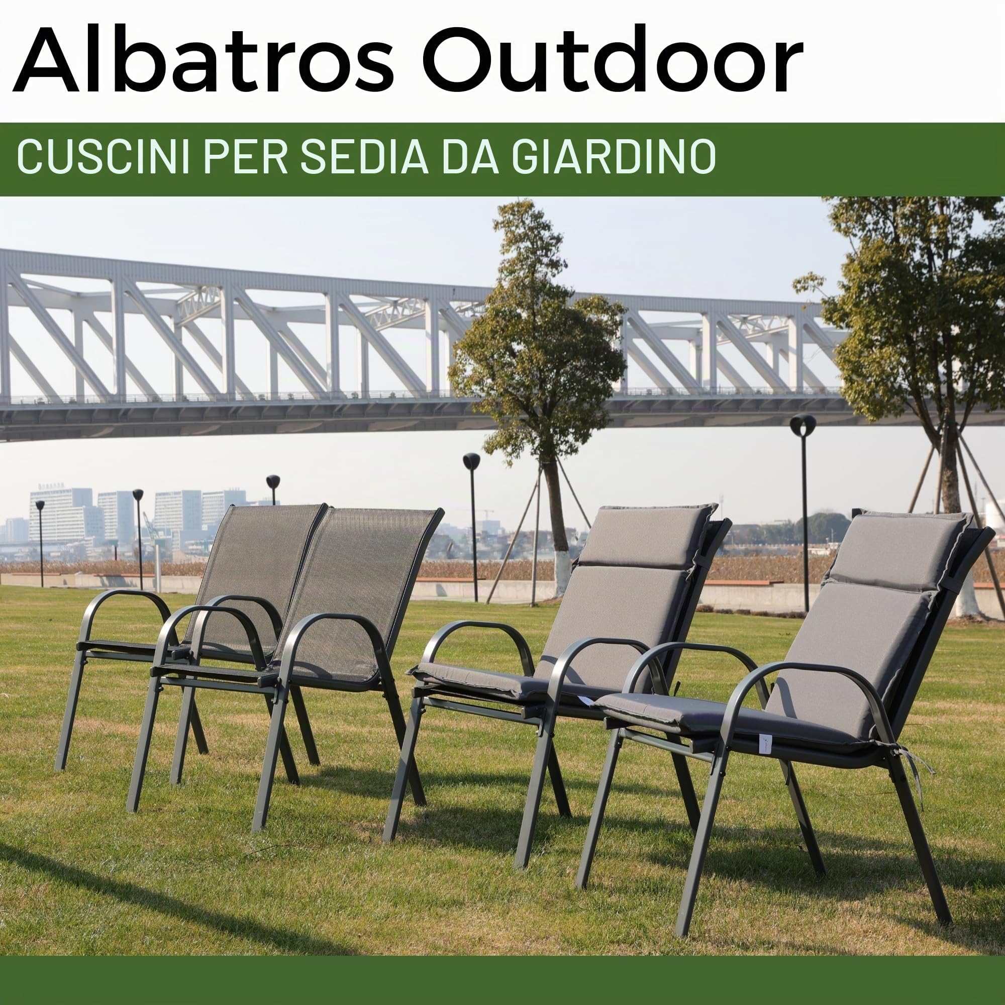 ALBATROS Set di 4 cuscini per sedie da giardino, per esterni, con schienale alto, resistenti ai raggi UV, impermeabili, adatti per sedie pieghevoli, colore antracite, 99 x 45 cm