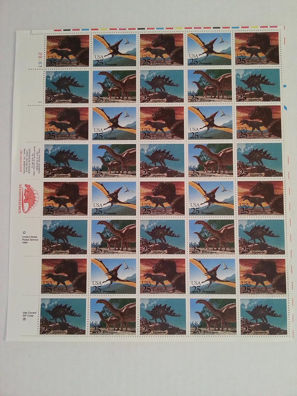 25-Cent Stamposaurus U.S. Postage Stamps, C. 1989, No. 2422-2425, Full Sheet of 40 Stamps Showing Dinosaurs