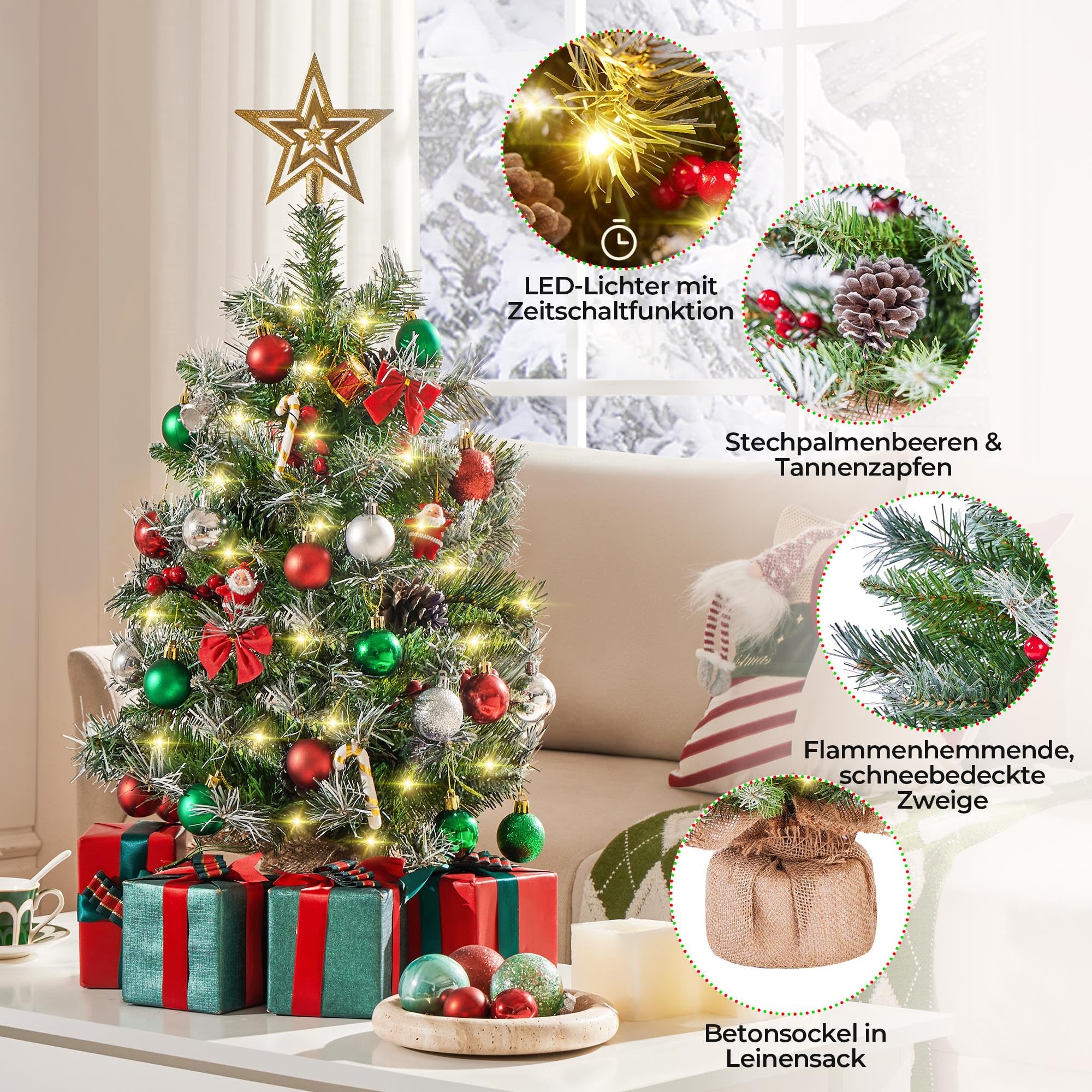 Yaheetech 2 Stück 92 cm Mini Künstlicher Weihnachtsbaum mit Schnee inkl. 50 Warmweiß LED & 70 Roten Beeren & 10 Tannenzapfen, Kleiner Christbaum Tisch Tannenbaum für Weihnachtsdeko