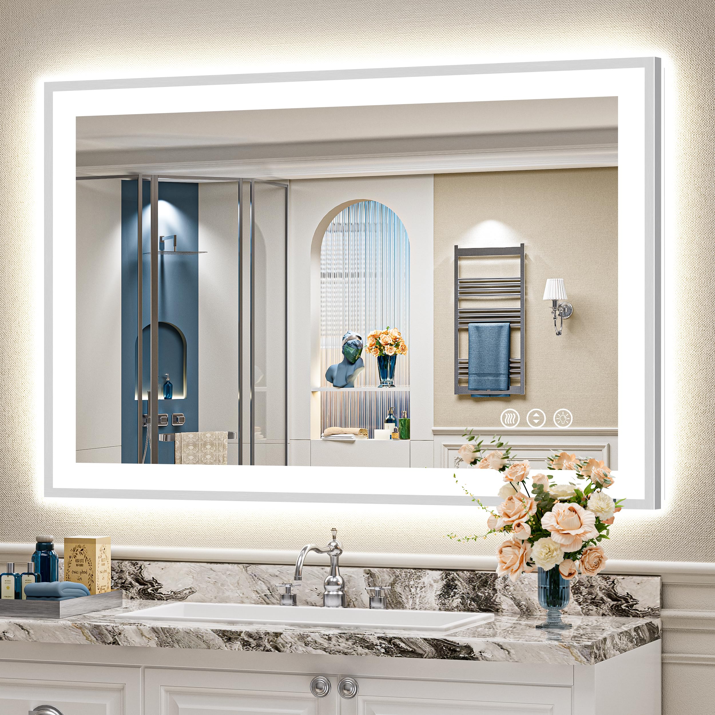 48x32 Inch Brushed Nickel LED Bathroom Mirror, Backlit &amp; Front-Lit | Silver Framed Lighted Vanity Mirror, Dimmable, 3-Color Light, Memory, CRI95, Tempered Glass, UL Listed, Horizontal/Vertical