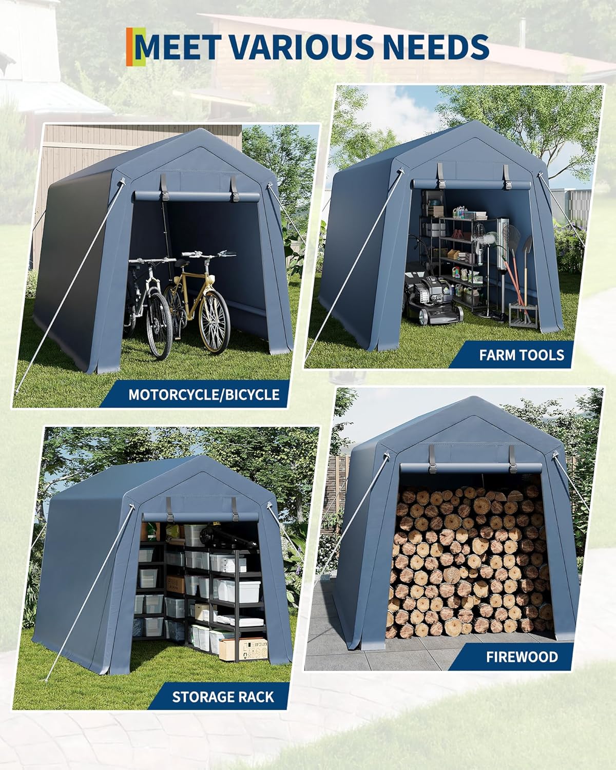 6x8 ft Outdoor Storage Shed, Portable Carport with Roll-up Ventilated Zipper Door and Windows, Heavy Duty Waterproof Tarp, Storage Sheds for Motorcycle, Bike, Firewood, Garden Tools