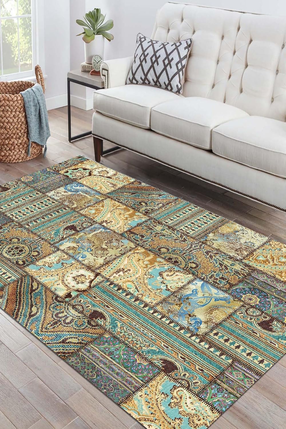 Latte Dizayn Node Patchwork Desenli Şönil Pamuk Tabanlı Yıkanabilir Kaymaz Antibakteriyel Salon Halısı 80x300