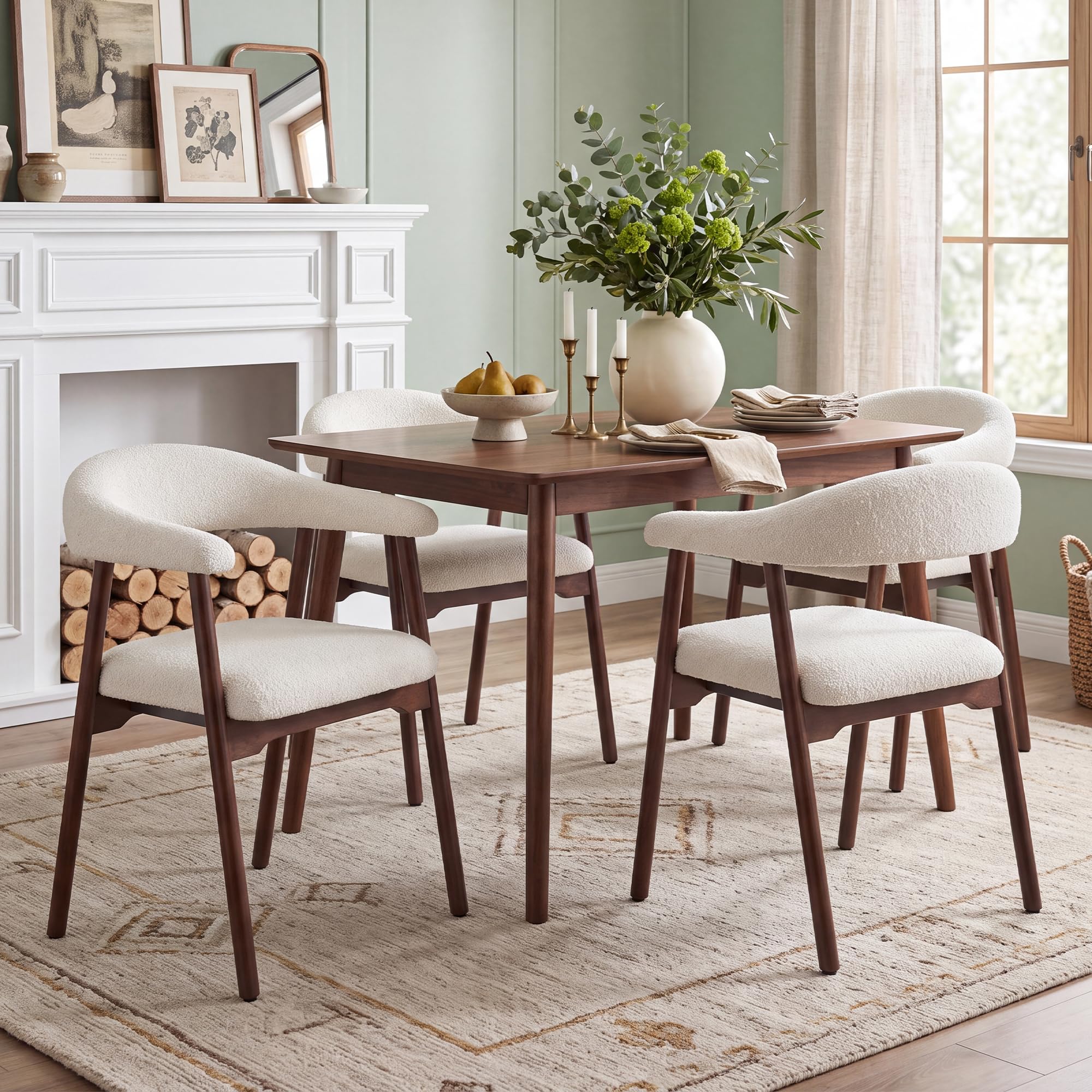 4 Esszimmerstühle aus Massivholz, bequem und atmungsaktiv, geeignet für Esszimmer, Wohnzimmer, Cafés, moderner Stil, Boucle, Walnussholzfarbe + Beige