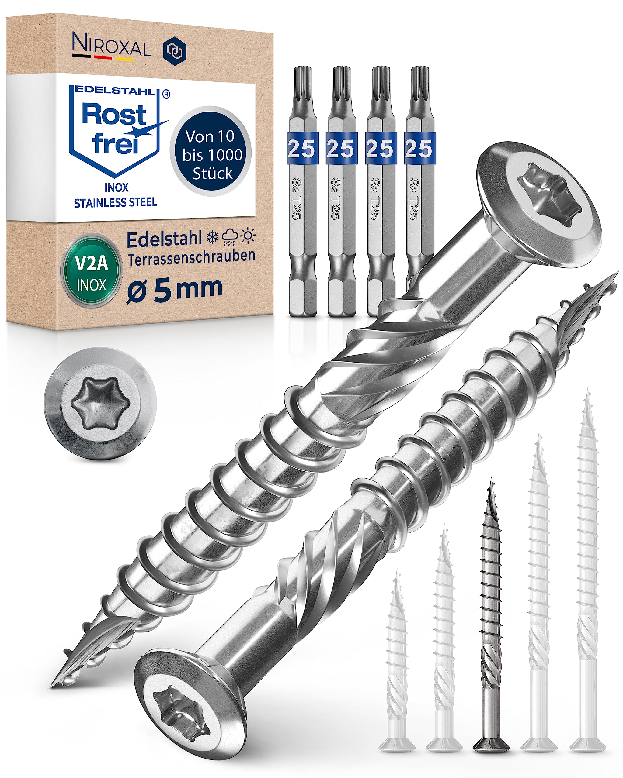 Tornillos para terraza de acero inoxidable – TX25 – 5 x 60 mm – 1000 unidades – Tornillos para tarima de madera