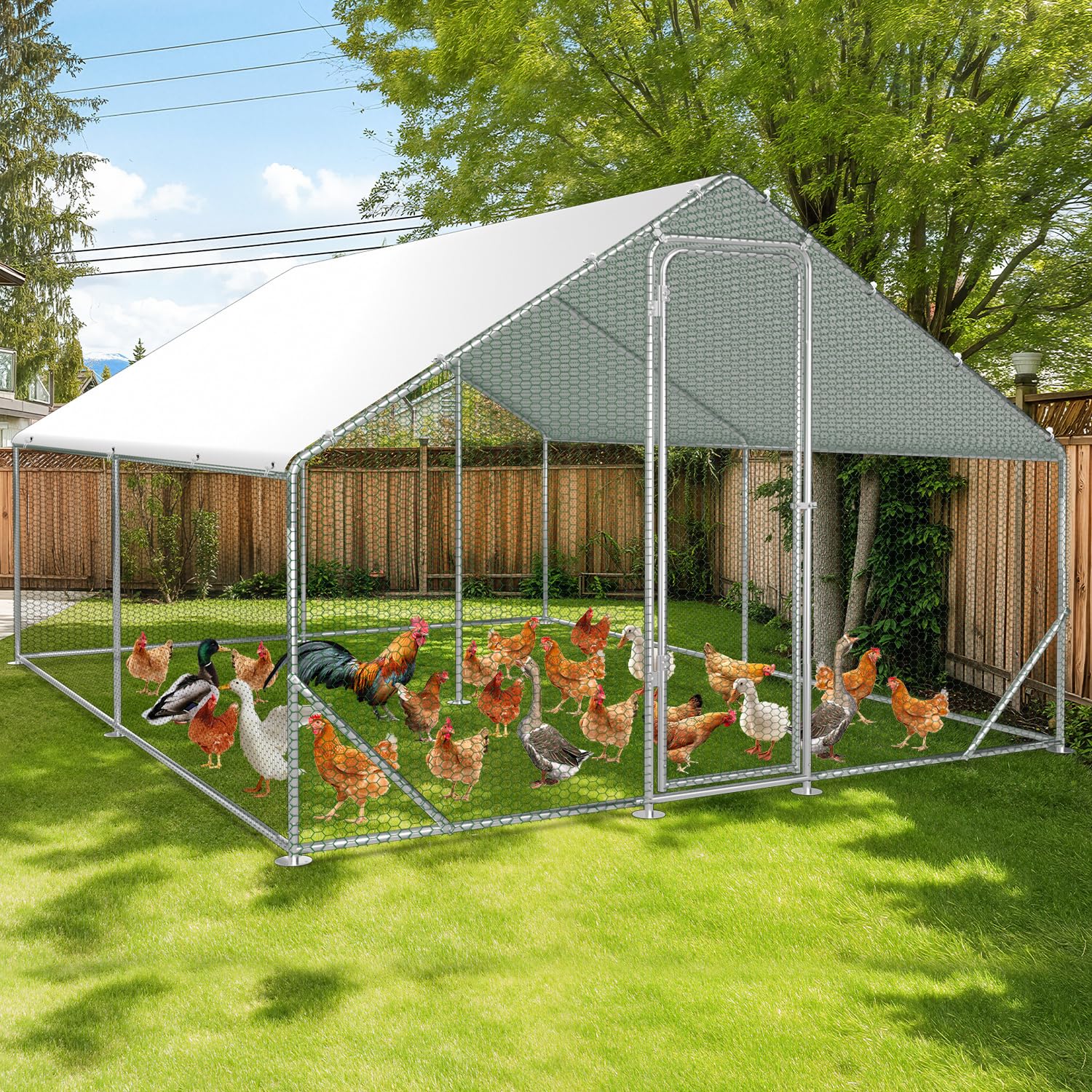 Recinzione a ruota libera 3 x 4 x 2 m – Cabina pollaio in acciaio zincato per piccoli animali domestici con tetto parasole e porta per gabbia per
