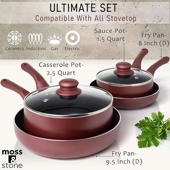 Moss & Stone Pots and Pans Set Nonstick, 6-Piece Induction Cookware Set