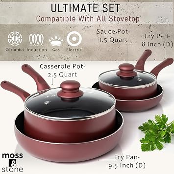 Moss & Stone Pots and Pans Set Nonstick, 6-Piece Induction Cookware Set