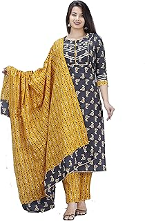 MEERA FAB Women Cotton Printed Kurta with Palazzo &amp; Dupatta Set