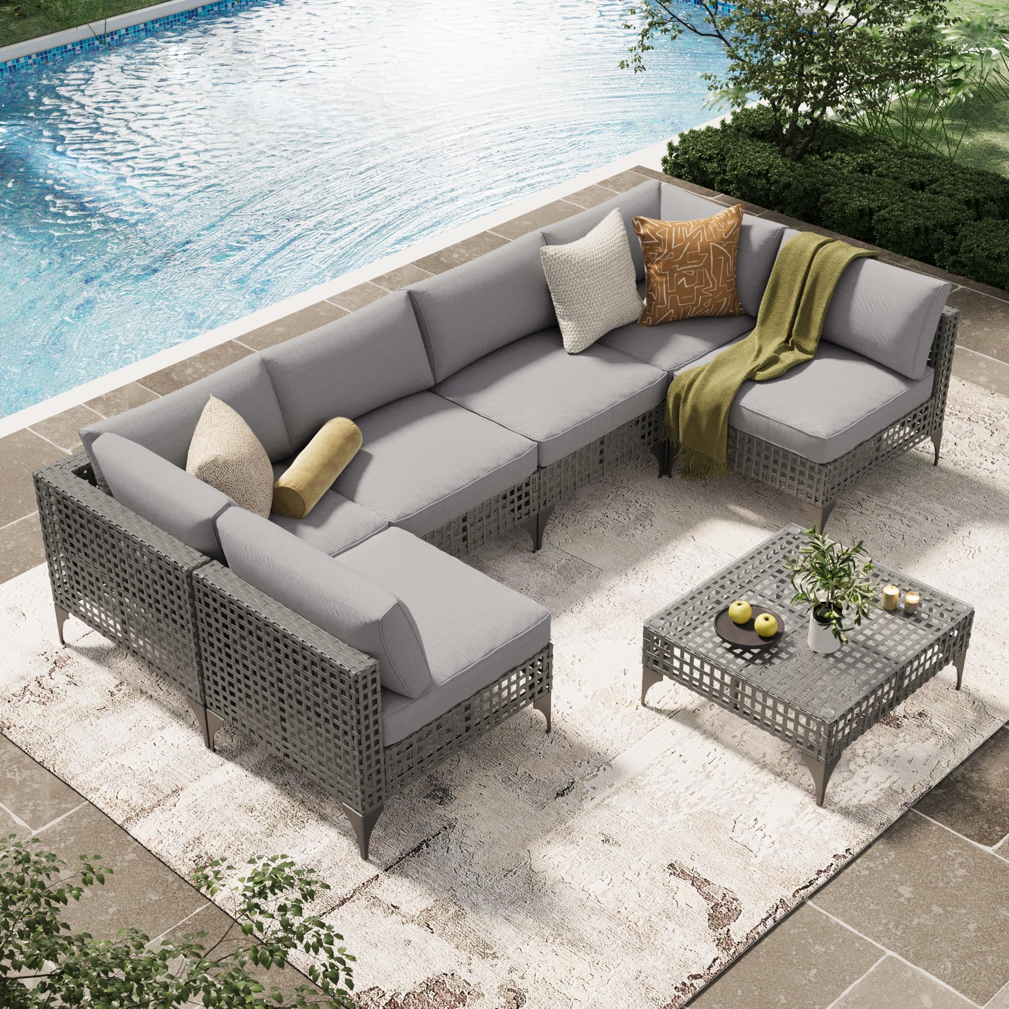 U-MAX 7-Piece Patio Furniture Set with Tea Table, Boho Outdoor Furniture Set Sectional Sofa Wicker Conversation Set Grey Rattan&Light Grey