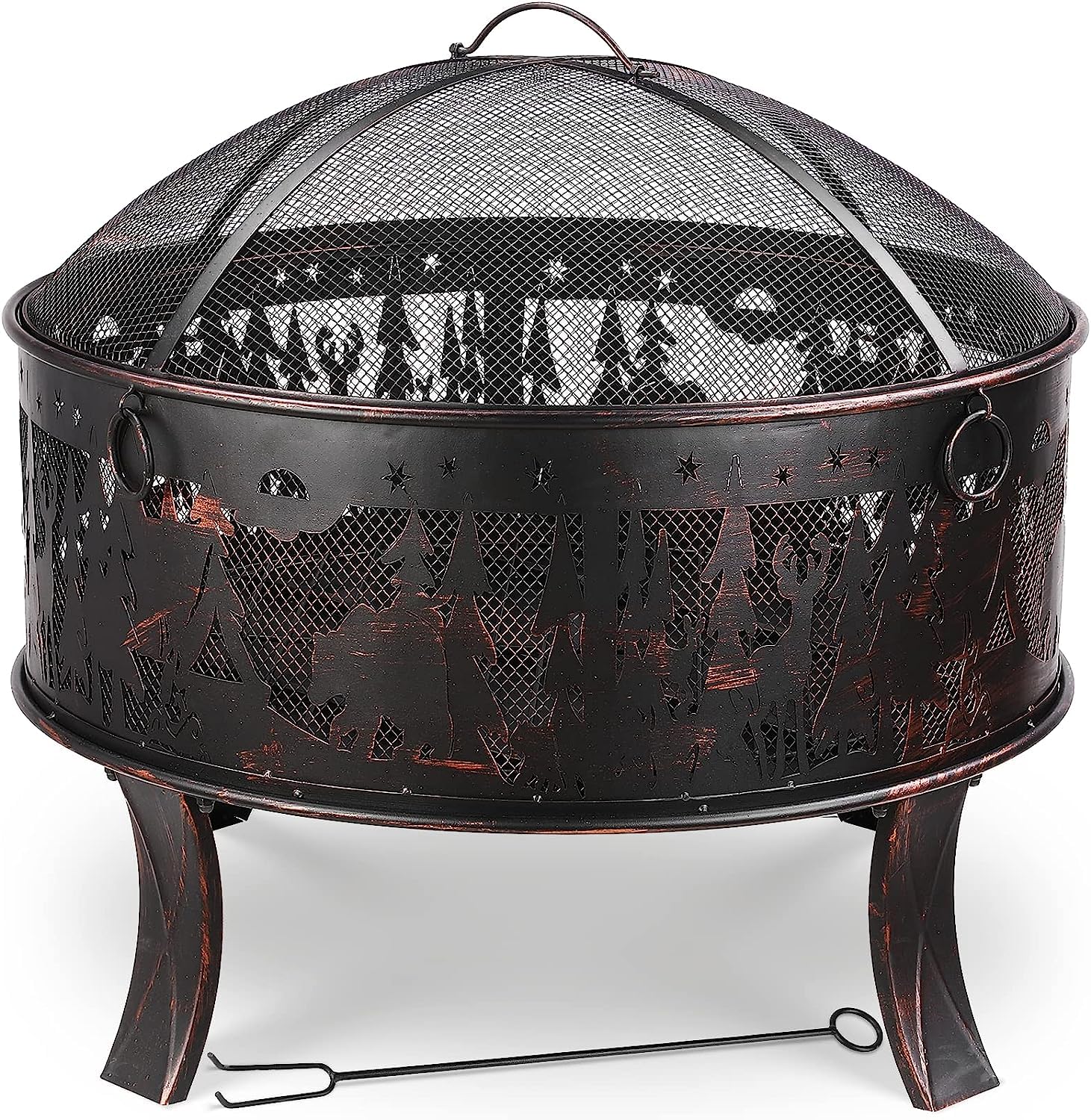 TLGREEN Braciere da giardino, braciere da Esterno con parascintille, stabile, fire pit 71 x 65 cm, con griglia per poker, 4 PCS piede, campeggio, spiaggia, tetto, look retrò, squisito motivo alce