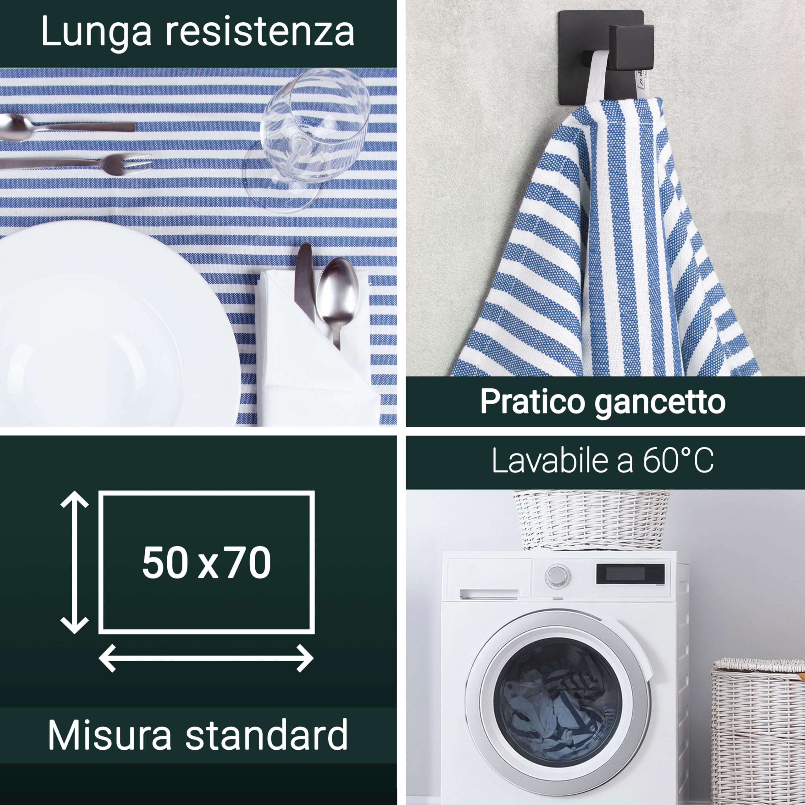 Strofinacci In Cotone ZOLLNER - 5 Pezzi 50x70 Cm, Righe Grigie E Bianche - Lavabili A 60°C, OEKO-TEX - Foto 8