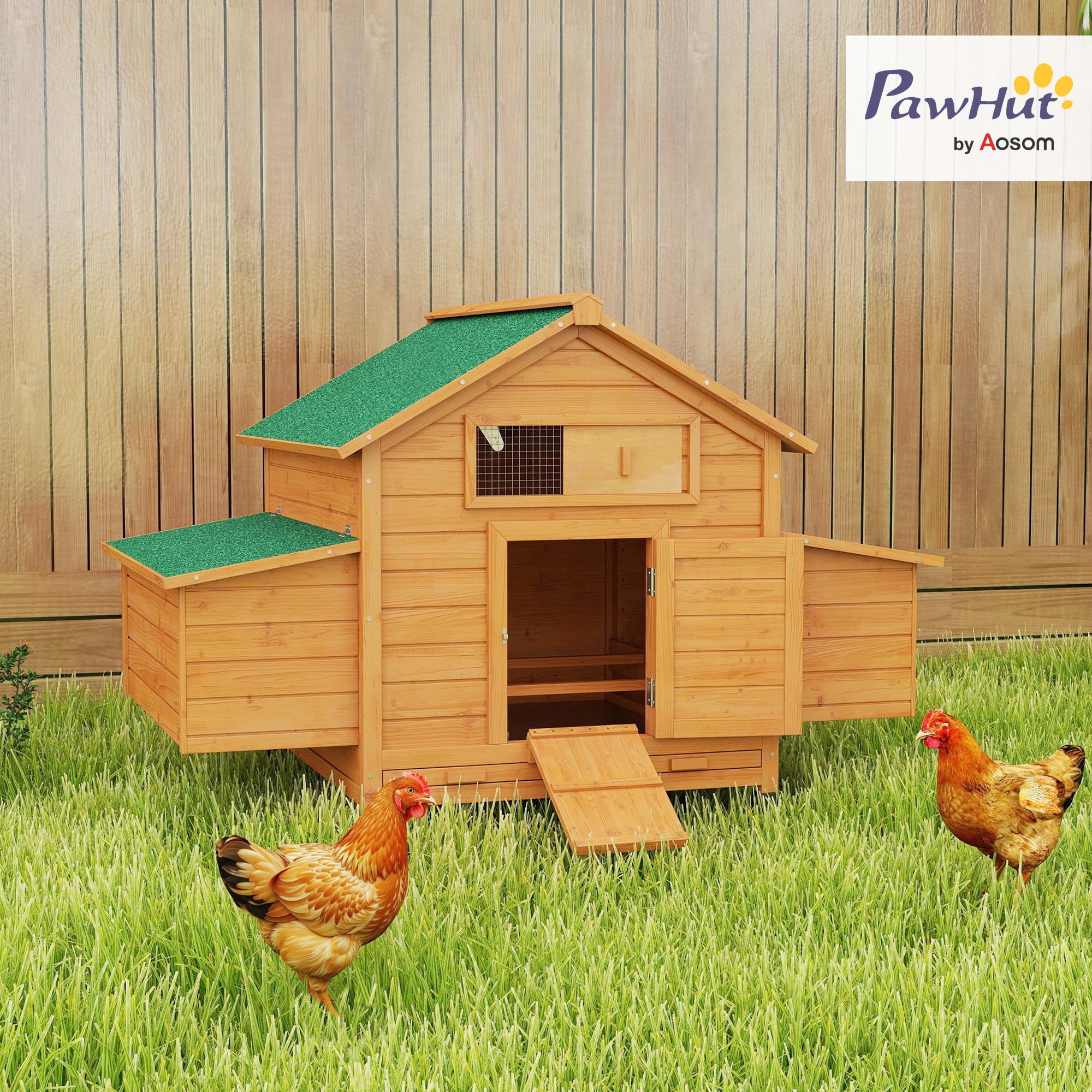 PawHut - Gallinero de madera para 4 gallinas, jaula para gallinas, tejado impermeable y abrasador, cajón extraíble, gallinero exterior para animales pequeños, 150 x 100 x 96,5 cm, color amarillo