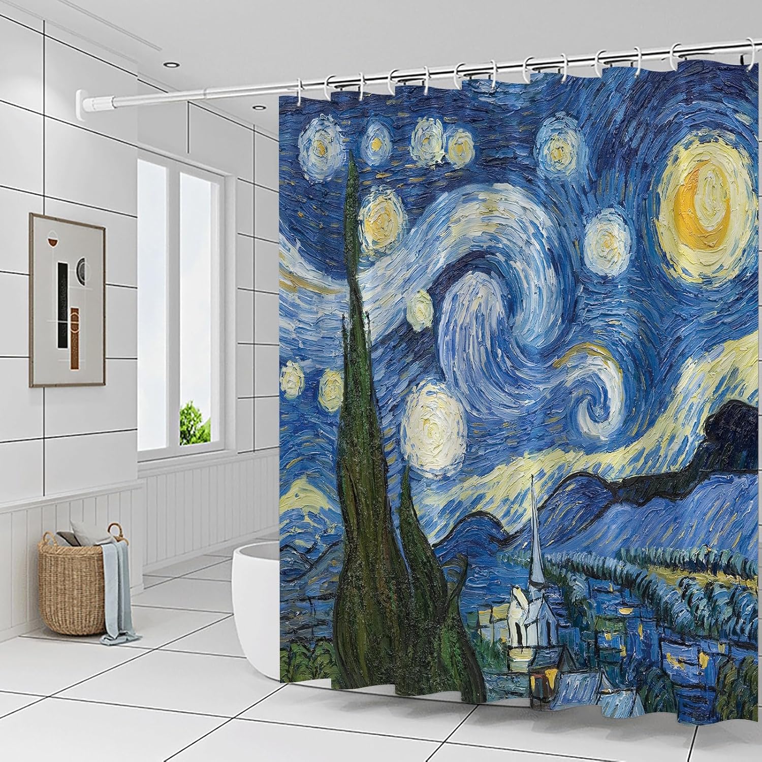 Oil Painting Style Shower Curtains, Starry Sky Moon Abstract Shower Curtain Set, Abstract Art Painting Bathroom Decor Polyester Fabric Curtain 94 x 70 Inch with Hooks