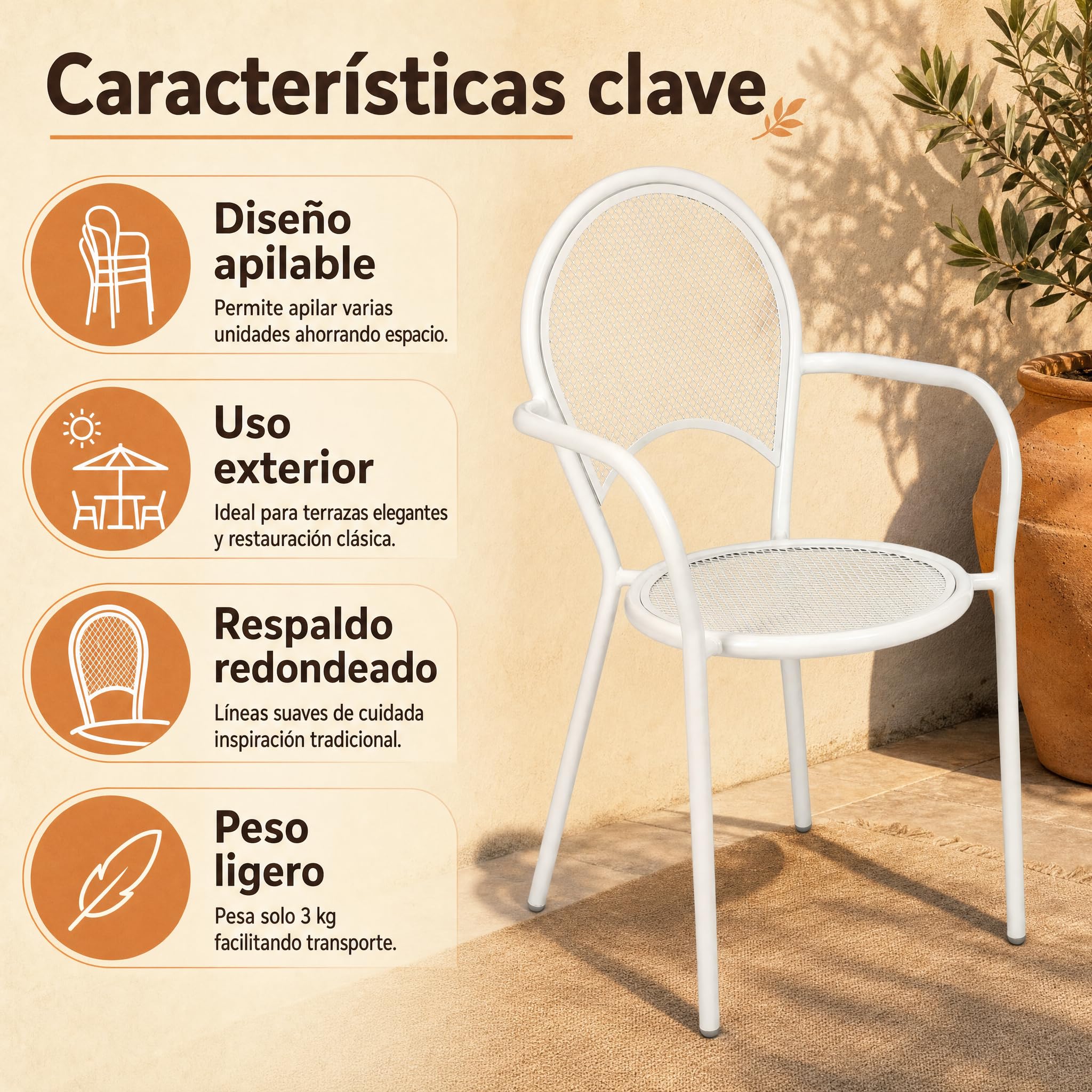 Silla Jardín Exterior Apilable, Sillón Resina Blanca Resistente UV