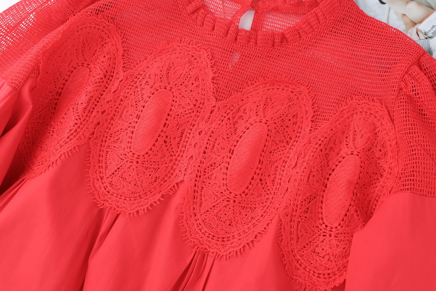 Lace Crochet Mini Babydoll Dress for Women Long Sleeve Ruffle Loose Crew Neck A-line Sheer Mesh Swing Flared Dresses - Image 8