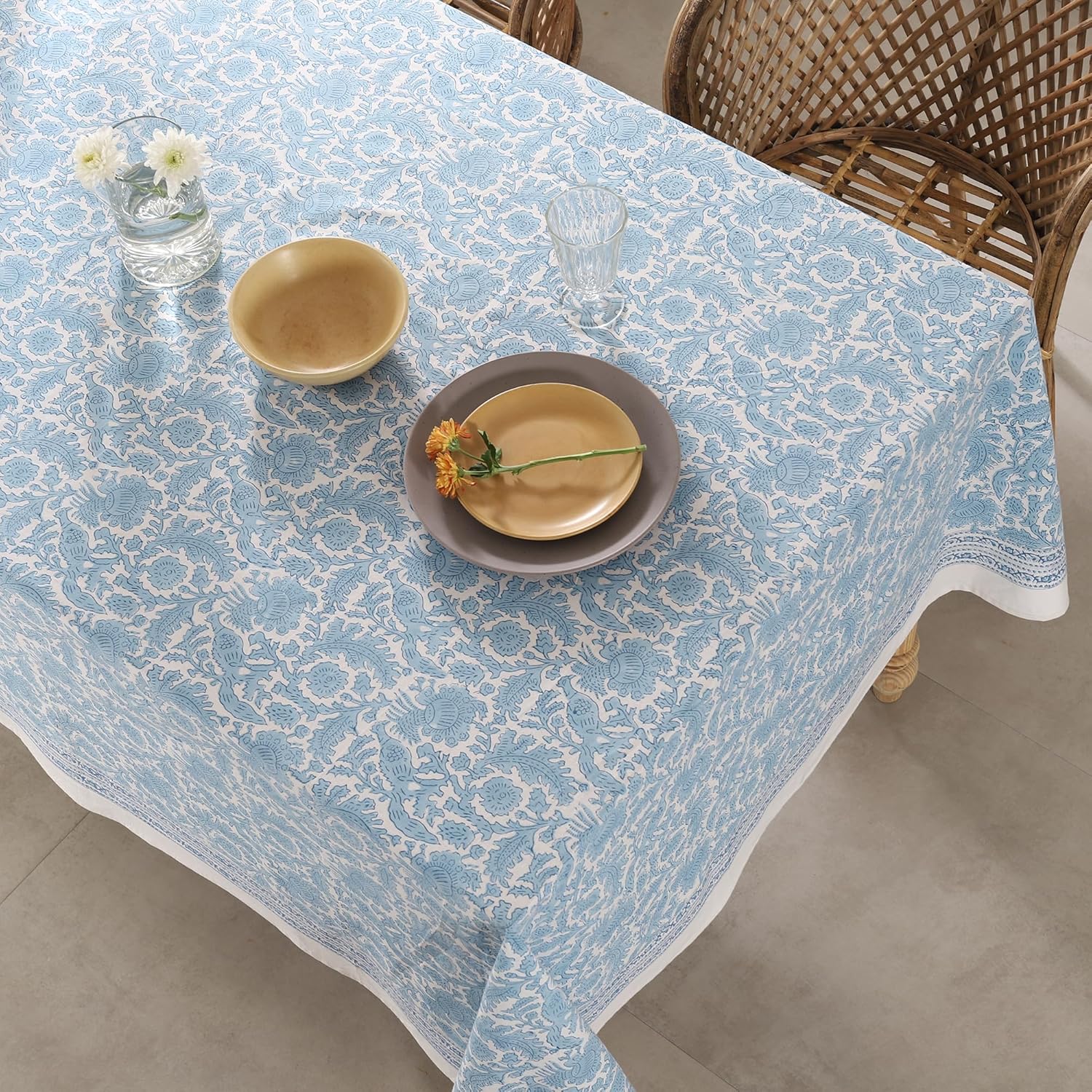 Labhanshi Indian Handblock Print Floral Cotton Rectangle 60x90 Inch 6-Seater Dining Tablecloth|Washable Spring St. Patrick Picnic Outdoor Camping Festive Easter Table Cover|Blue Bird