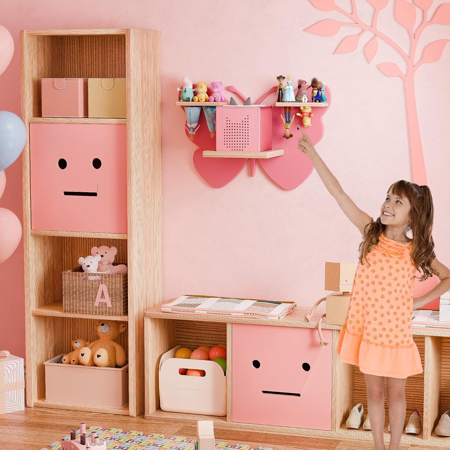 Butterfly Tonie Shelf for Tonie and Tonie Box - Pink Magnetic Tonie Wooden Floating Shelf for Tonie Storage, Cute Tonie Wall Shelf for 8-12 Tonie Figures,Tonie Box Shelf Wall Mounted for Kids