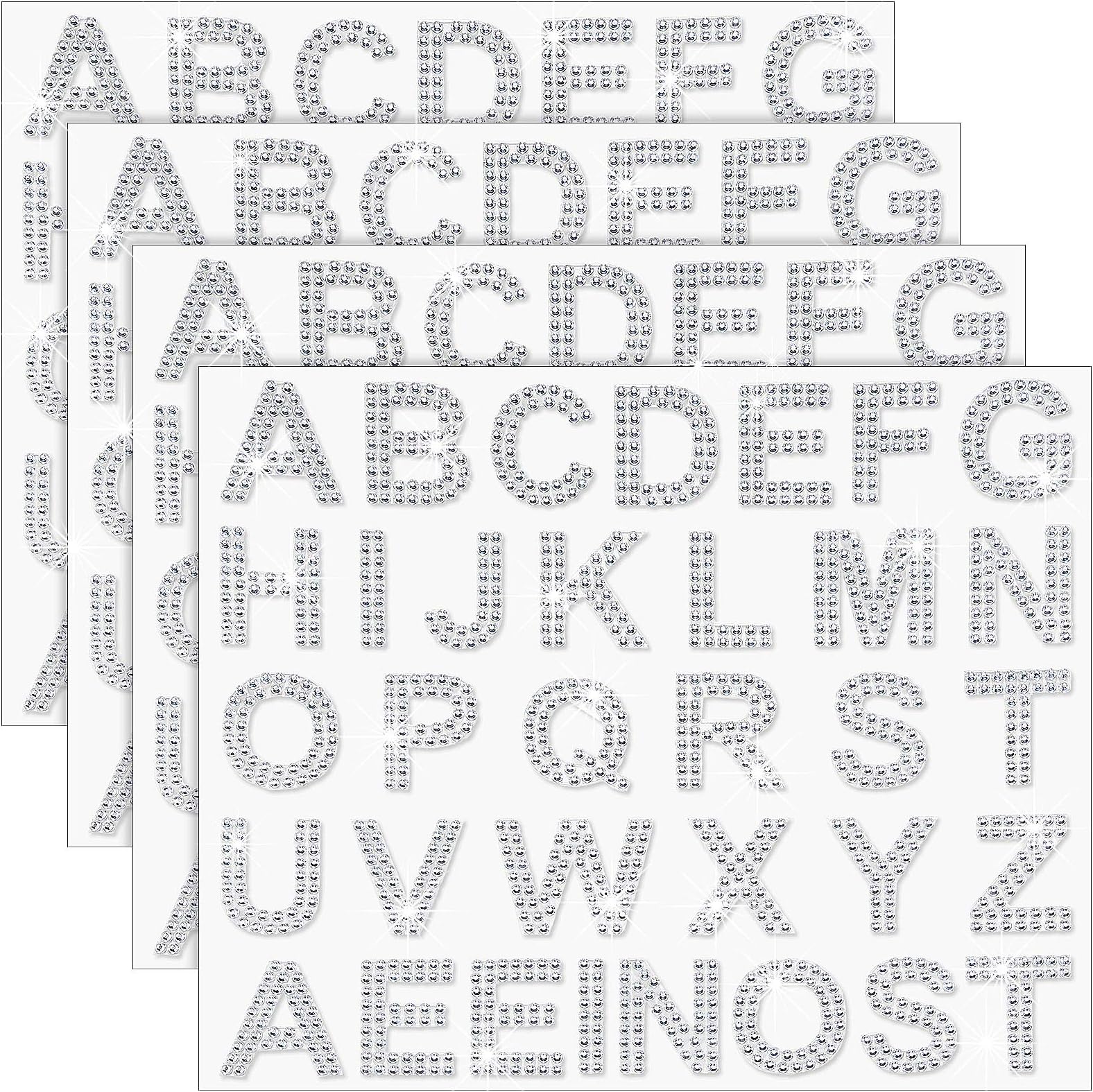 Zonon 136 Pieces Rhinestone Iron-on Letter Large Glitter Bling Alphabet Sticker Crystal Gemstone Border Self-Adhesive 34 Letters Sticker for Art Craft Clothing Fabric(Silver)