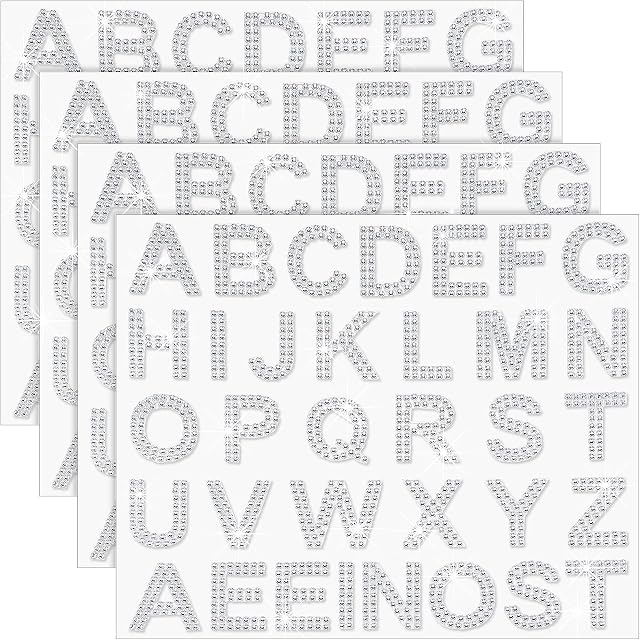 136 Pieces Rhinestone Letters Iron Stick on Sticker Large Glitter Bling Alphabet Letter Sticker Gemstone Border Sticker 34 Letters Self Adhesive Sticker for Art Craft Clothing Decor (Silver)