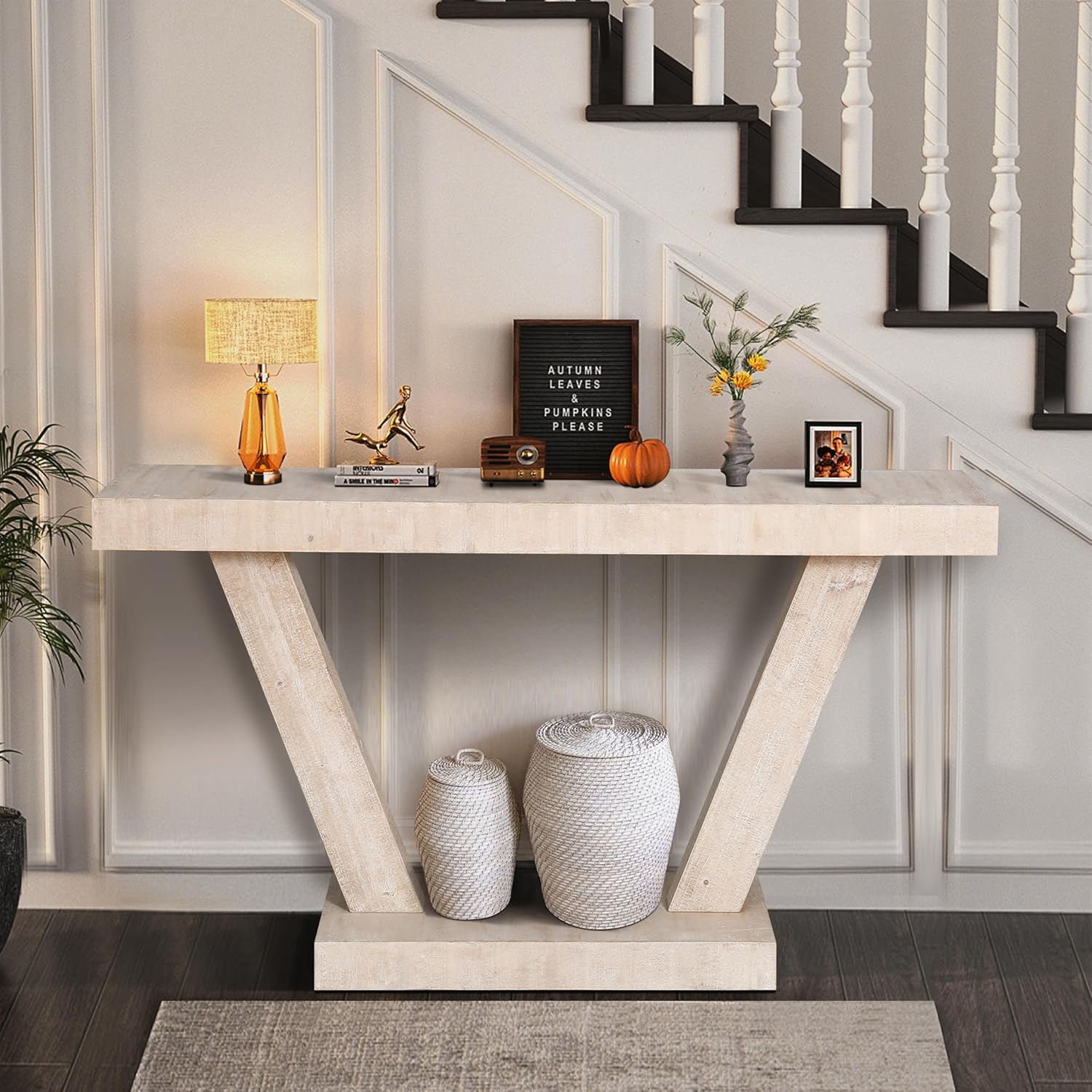 Goujxcy 60 Inches Vintage Distressed Wood Entryway Bench with 2-Tier Solid Wood Veneer Storage Cabinet, Rustic Wide Design for Hallway, Living Room & Behind Sofa