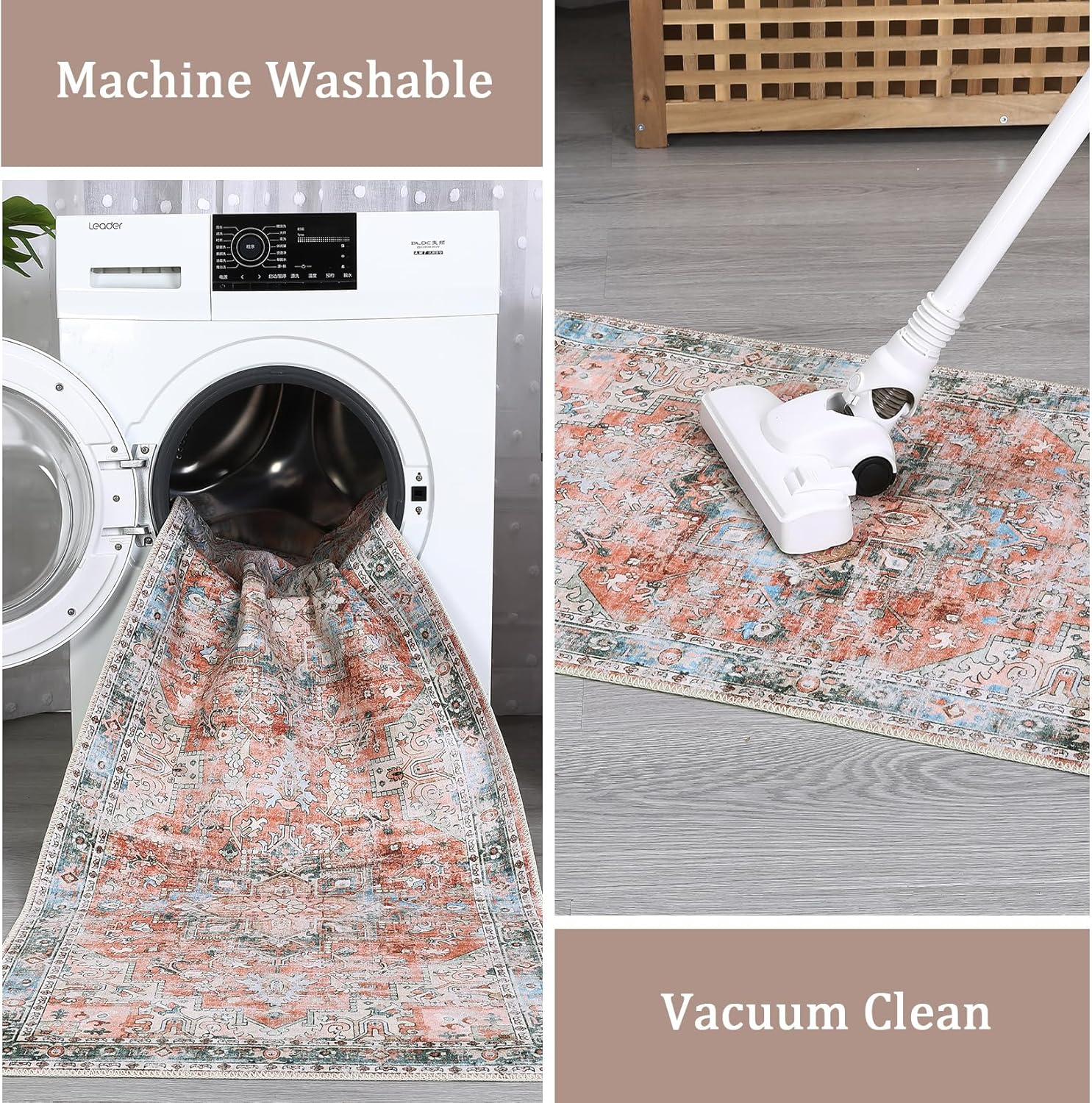 GarveeHome Machine Washable Rug 5x7 Vintage Distressed Area Rug for Living Room, Traditional Medallion Accent Rug Non-Slip Stain Resistant Floor Cover Carpet for Bedroom Decor, Brick Red