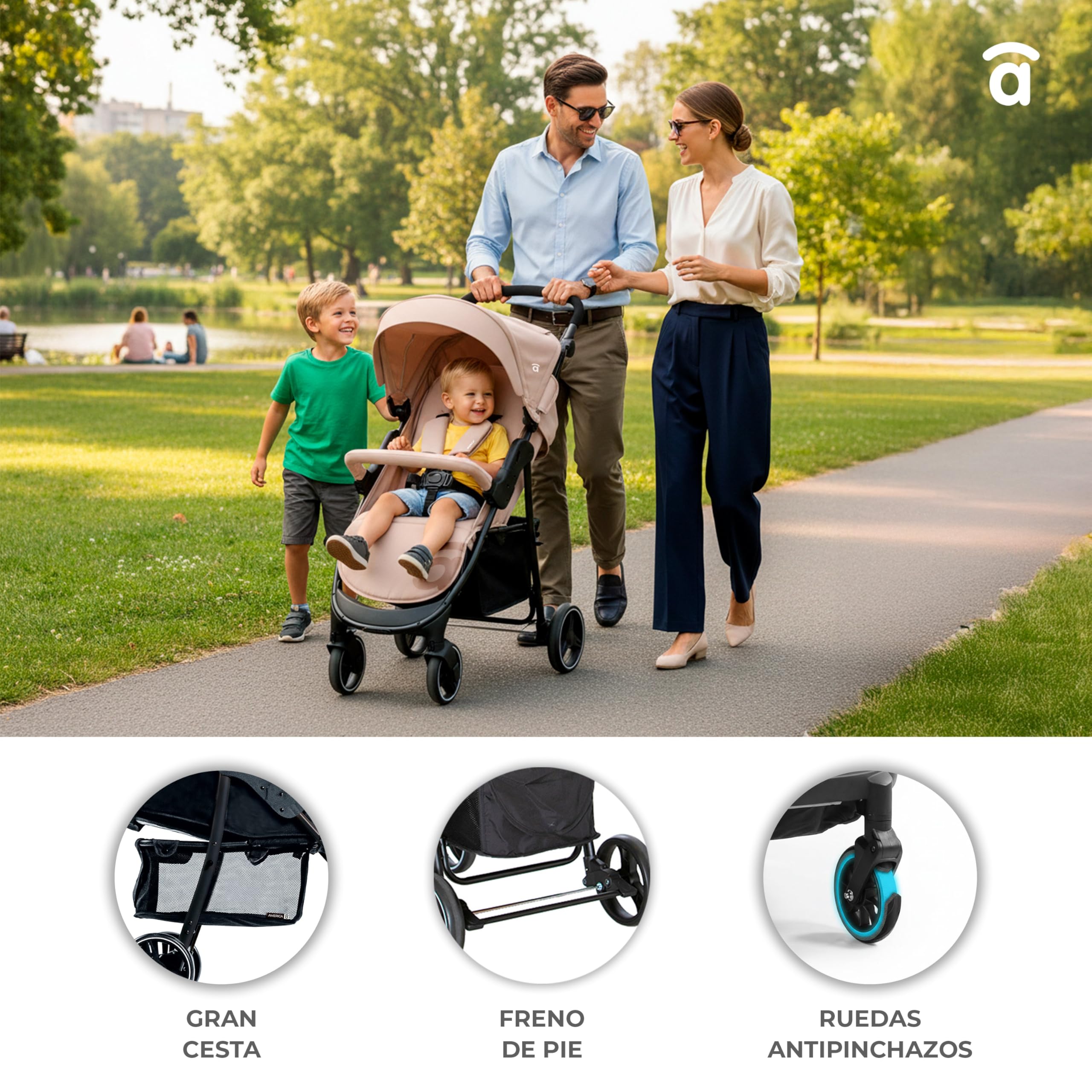 Asalvo AMÉRICA 3 Silla de Paseo, Carrito bebé, Carro para bebés, Confortable, Ultraligera, Segura, Capota con Ventana y Freno Trasero, Manejable, Plegado compacto, Carga Máxima 24 kg, Beige